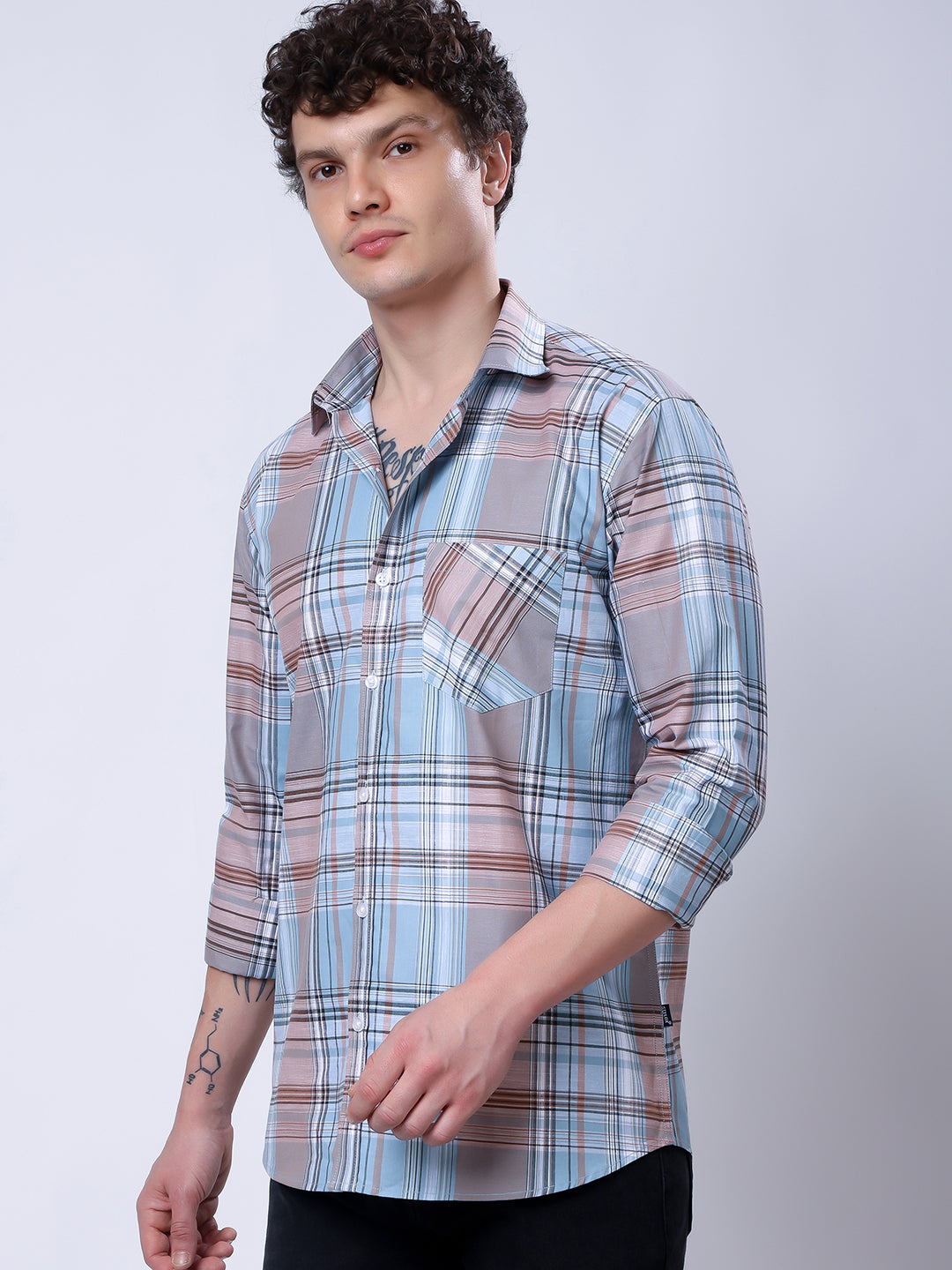 Stylox Men’s Regular Fit Full Sleeve Casual Check Shirt–Light Brown &amp; Light Blue - Stylox