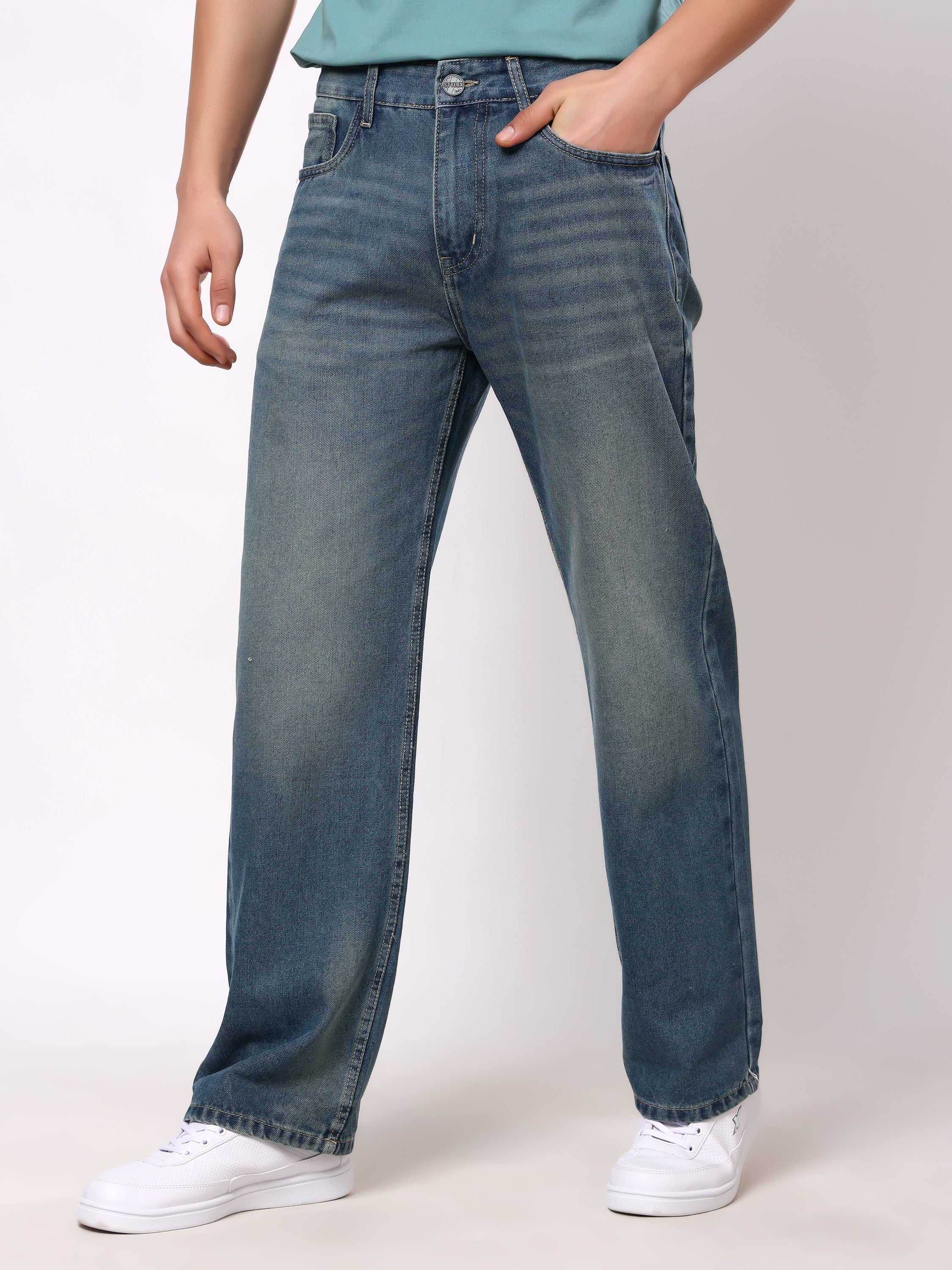 Stylox Men’s Baggy Fit Non-Stretch Wide Leg Casual Streetwear Denim Jeans