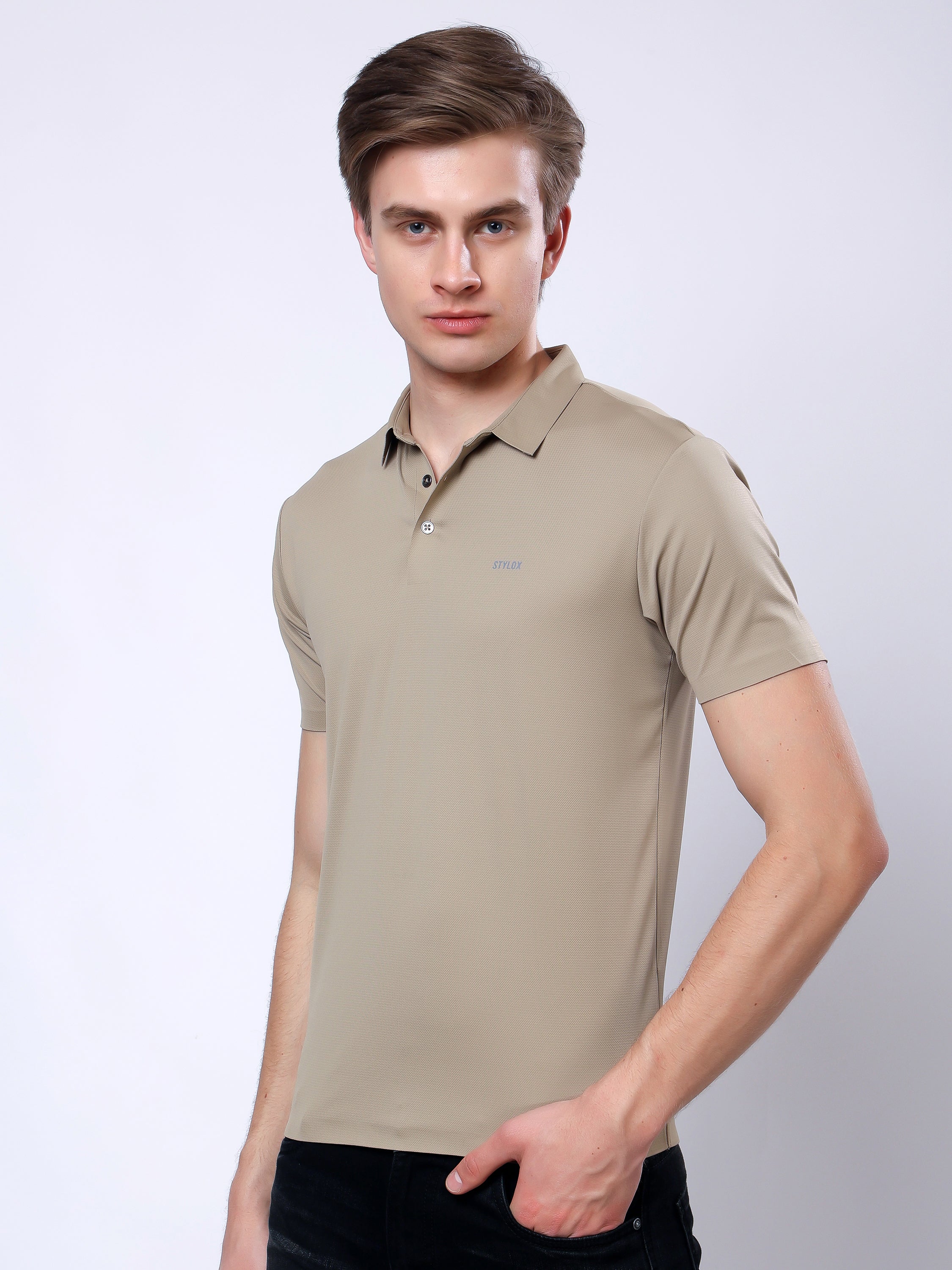 Stylox Men’s Premium Regular Fit Stretchable Polo T-Shirt–Beige - Stylox