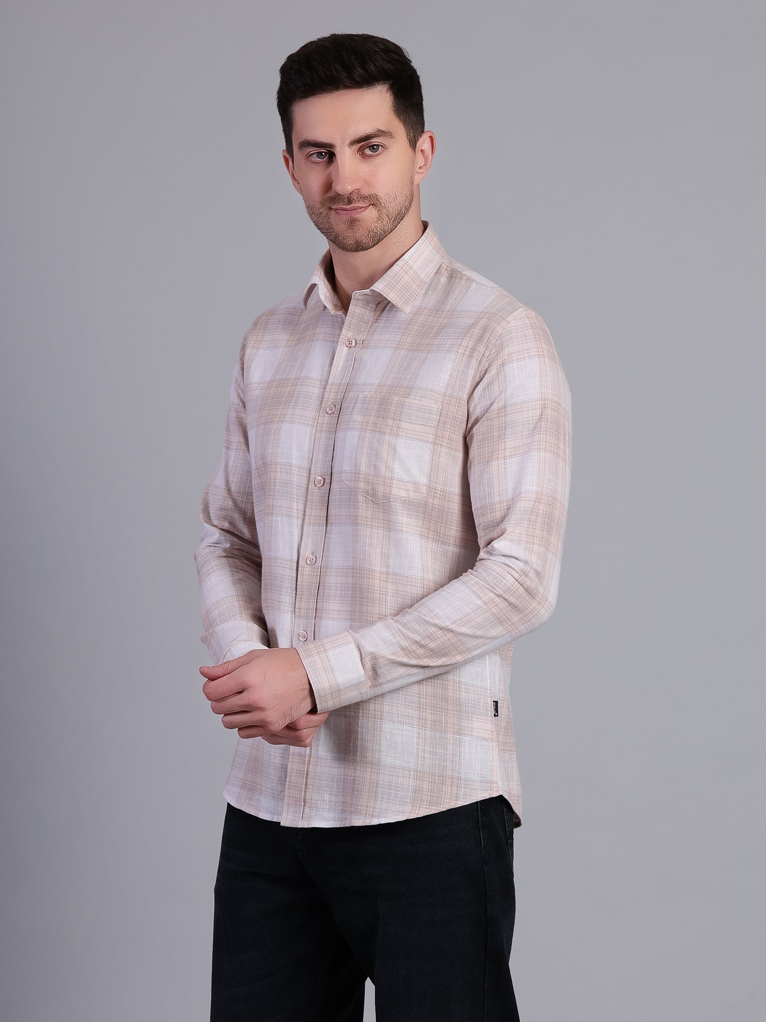 Stylox Men’s Regular Fit Checked Full Sleeve Casual Shirt-Peach - Stylox