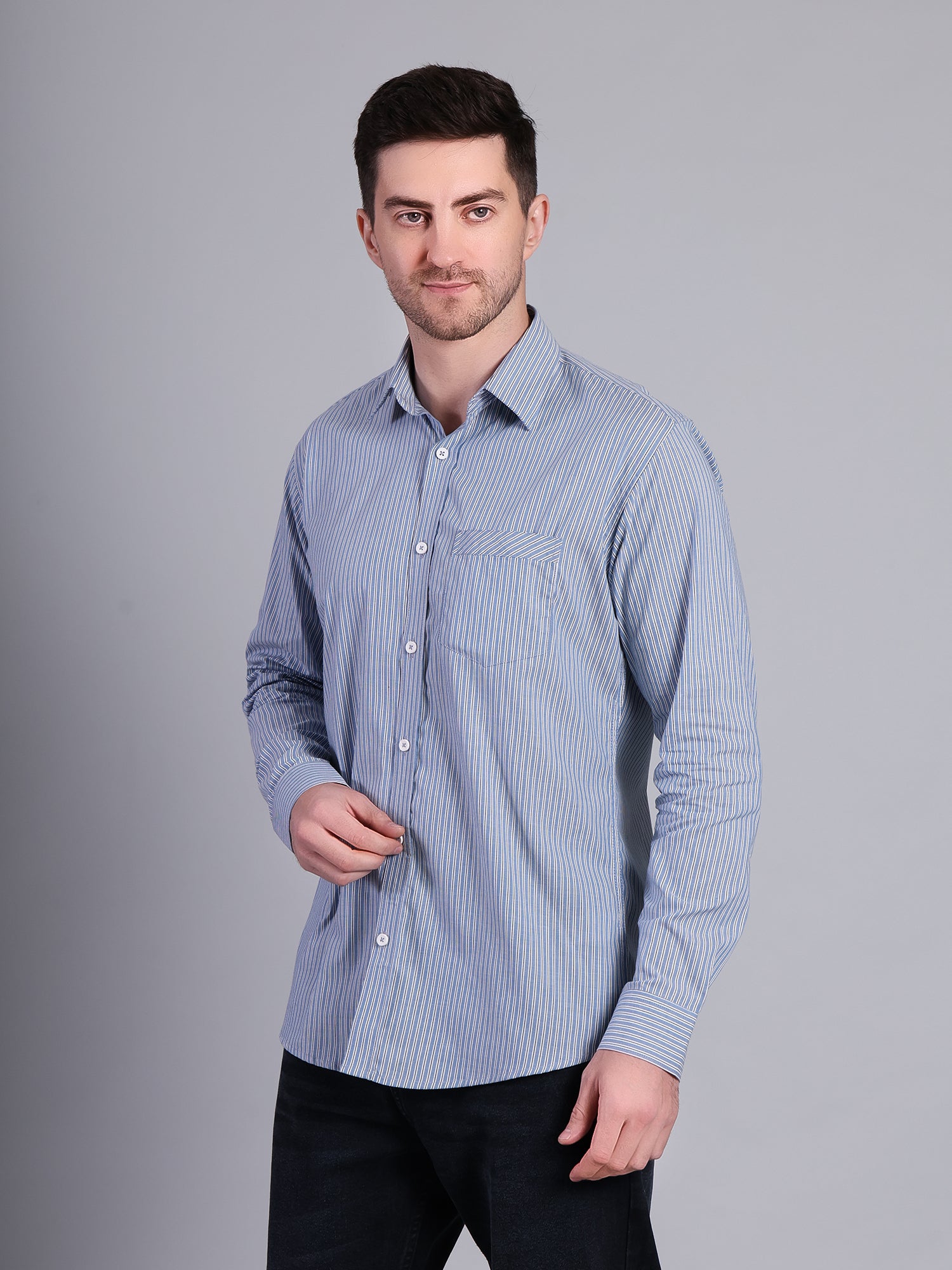 Stylox Men’s Regular Fit Vertical Striped Full Sleeve Casual Shirt-Blue - Stylox