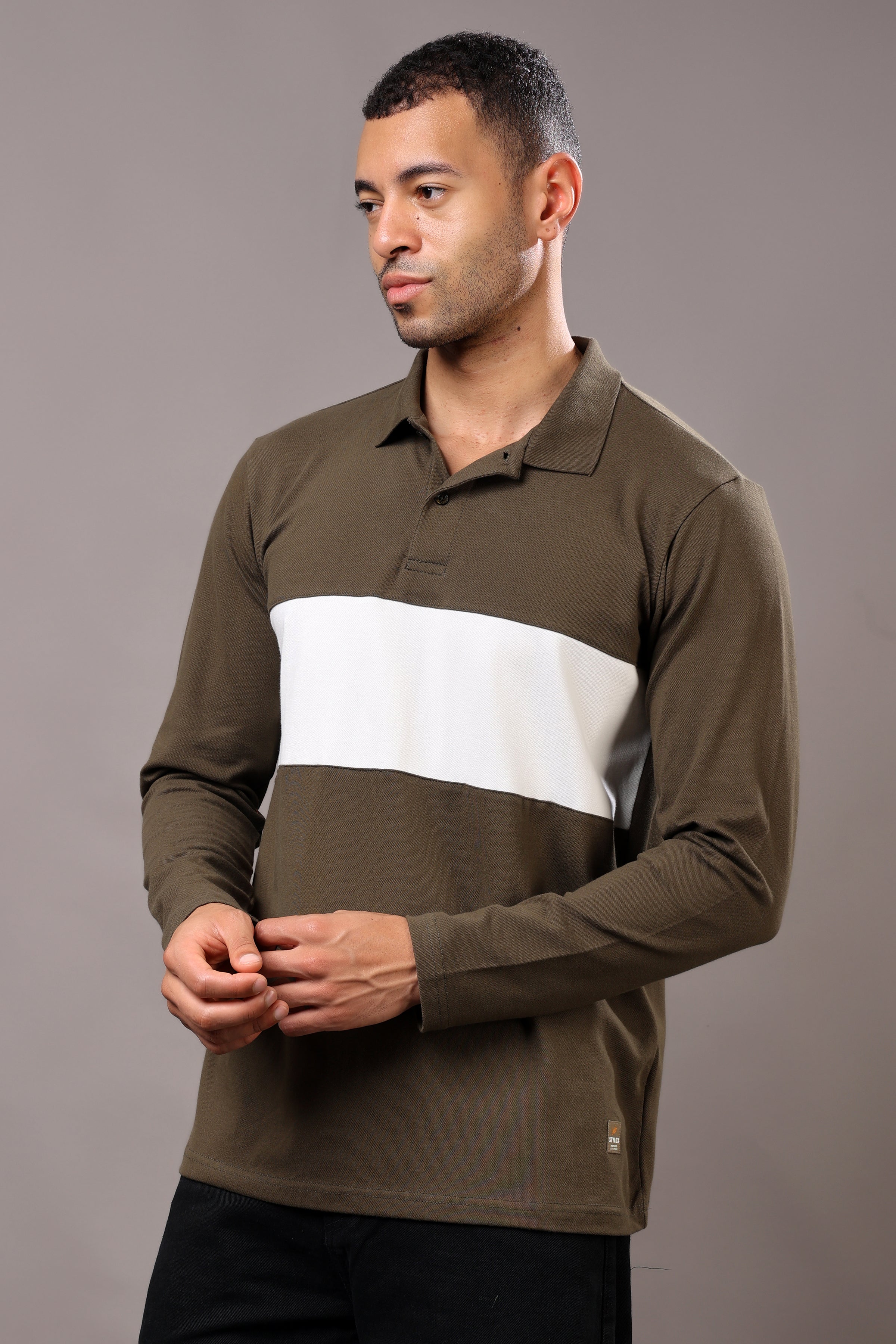 Stylox Men’s Long Sleeve Polo T-Shirt with Cut & Sew Design - Stylox
