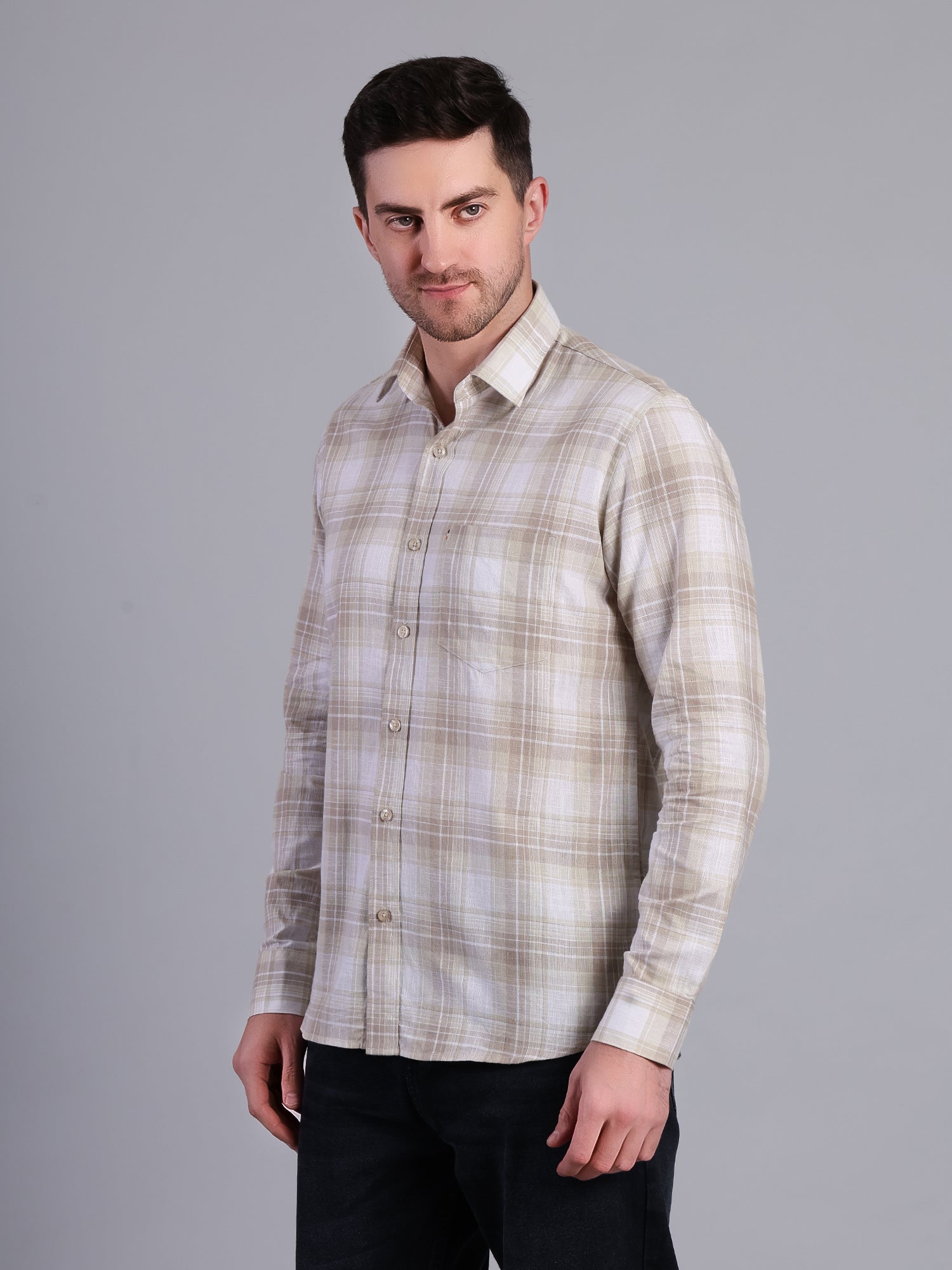 Stylox Men’s Regular Fit Checked Full Sleeve Casual Shirt-Sand - Stylox
