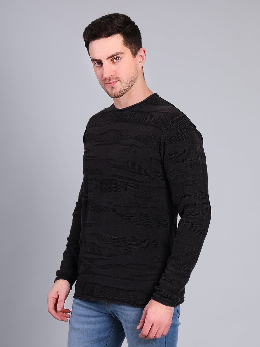 Stylox Men’s Textured Winter Sweater | Full Sleeve Crew Neck Knit Pullover | Premium Casual Wear (Black) - Stylox