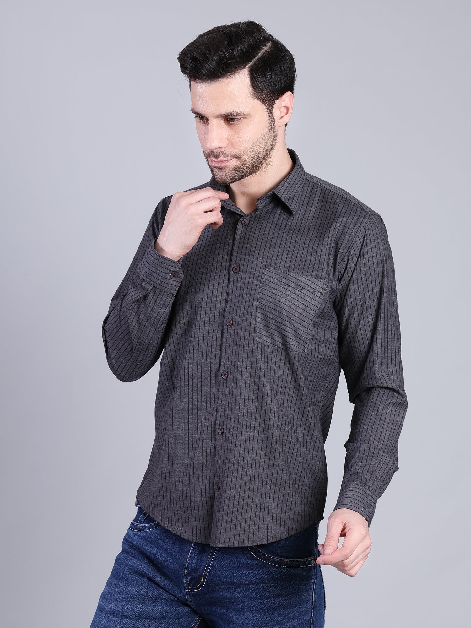 Stylox Men’s Regular Fit Vertical Striped Full Sleeve Casual Shirt-Charcoal - Stylox