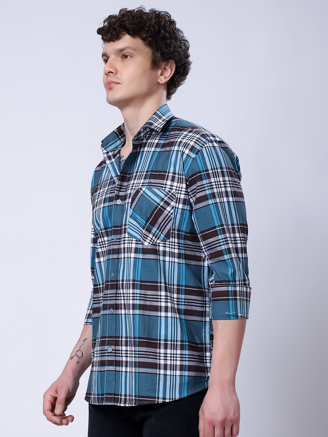 Stylox Men’s Regular Fit Full Sleeve Casual Check Shirt–Teal & Brown - Stylox
