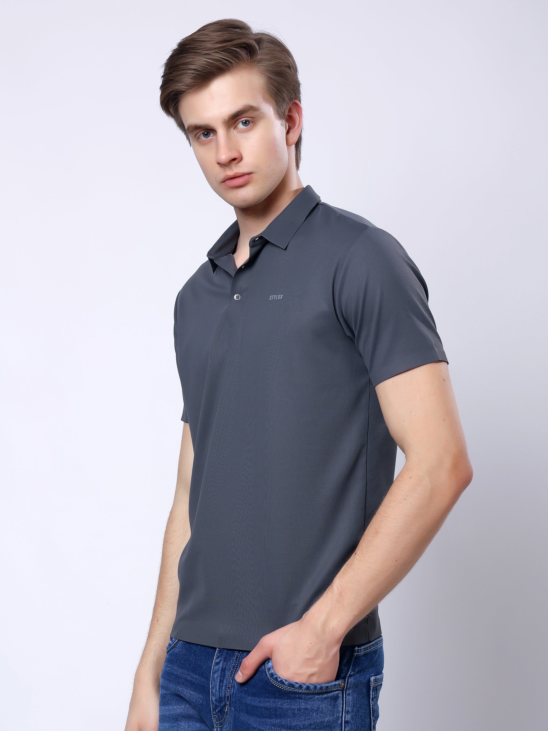 Stylox Men’s Premium Regular Fit Stretchable Polo T-Shirt–Grey - Stylox