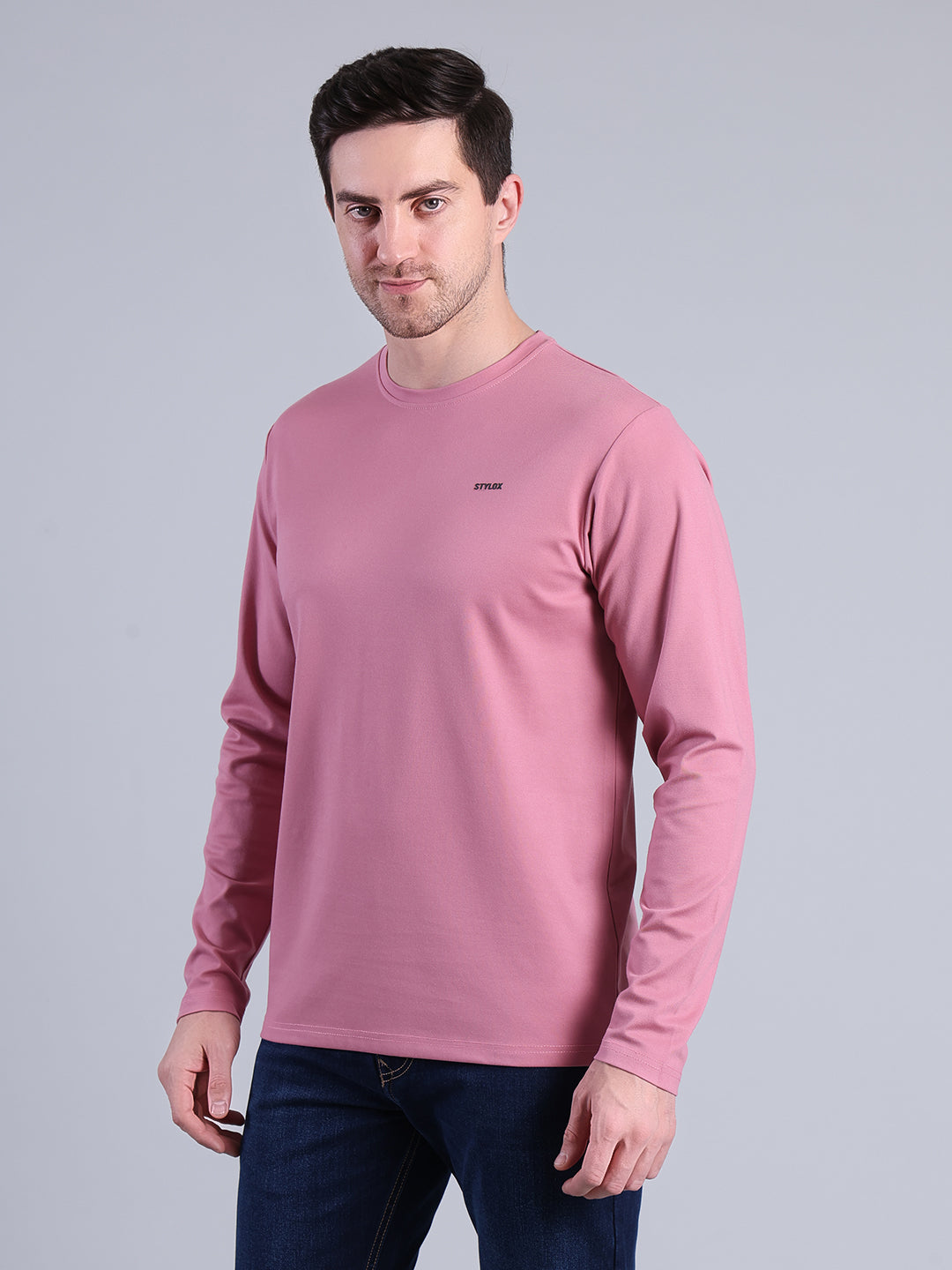Stylox Men’s Full Sleeve Round Neck T-Shirt | Solid Slim Fit Cotton Blend Casual Tee