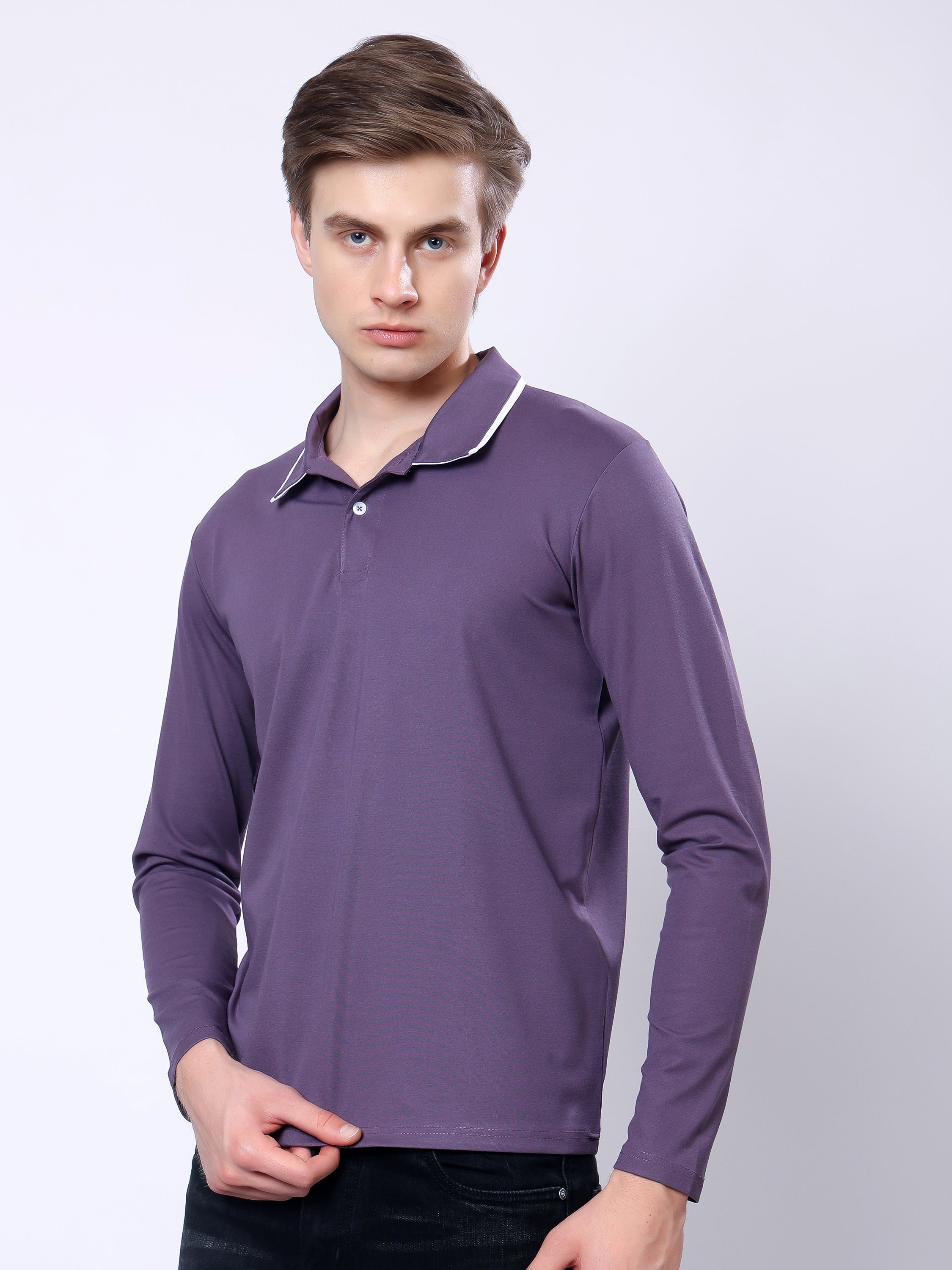 Stylox Men’s Regular Fit Solid Full Sleeve Polo T-Shirt with Contrast Collar - Stylox