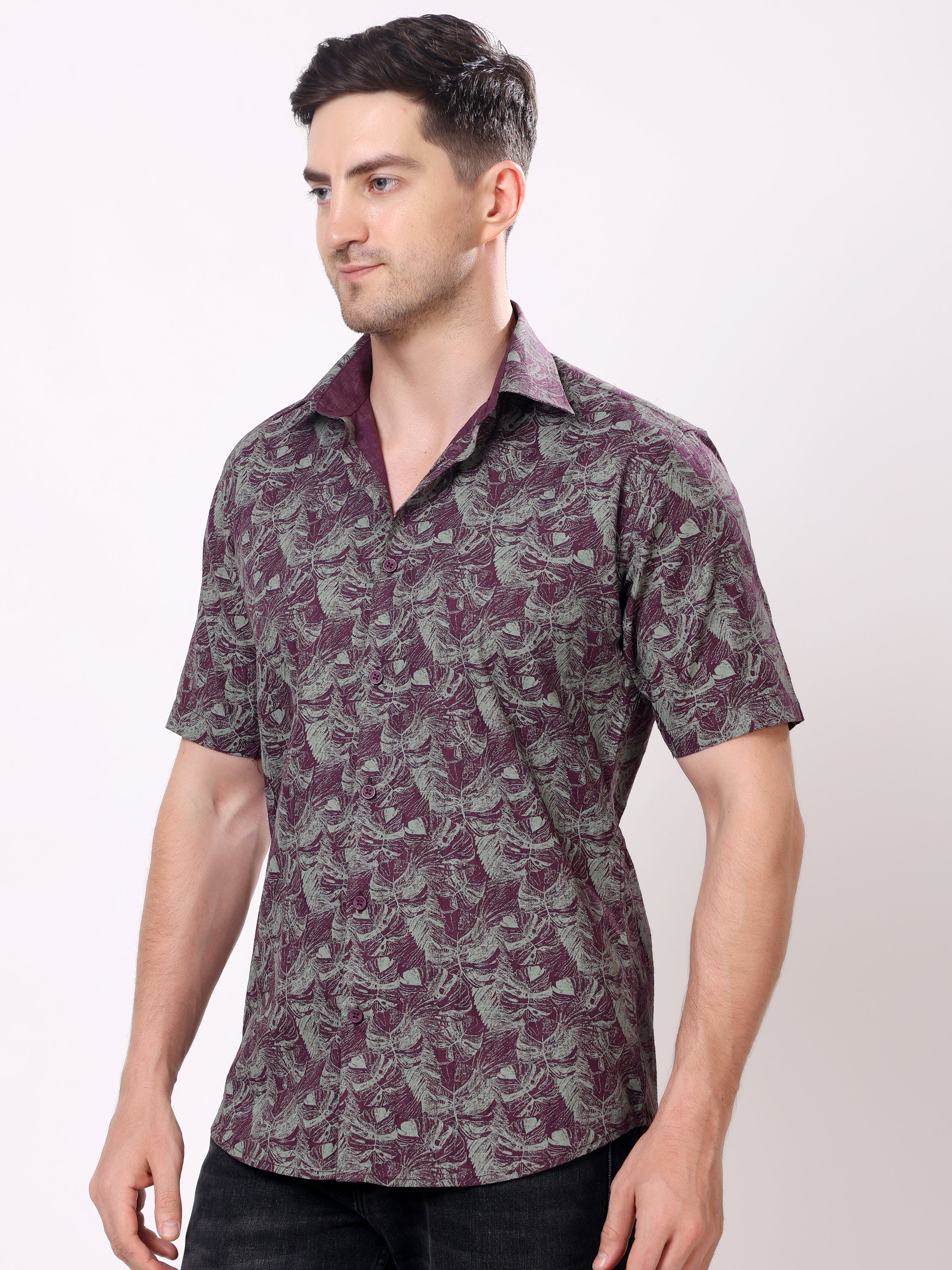 Stylox Men’s Regular Fit Half Sleeve Tropical Leaf Printed Casual Summer Shirt - Stylox