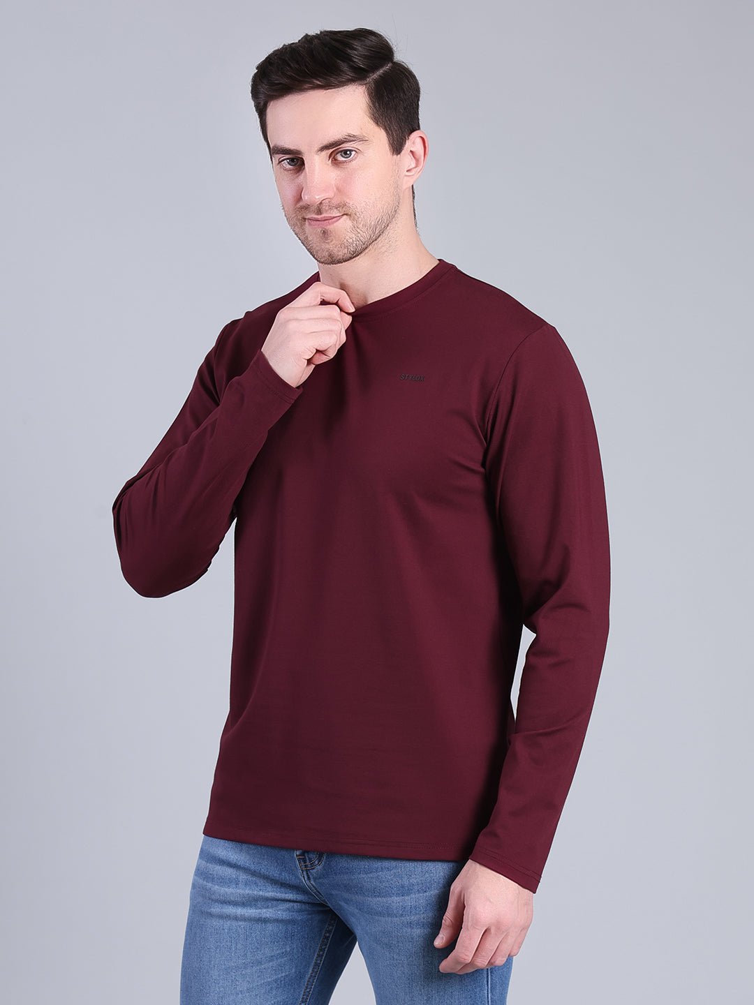 Stylox Men’s Full Sleeve Round Neck T-Shirt | Solid Slim Fit Cotton Blend Casual Tee