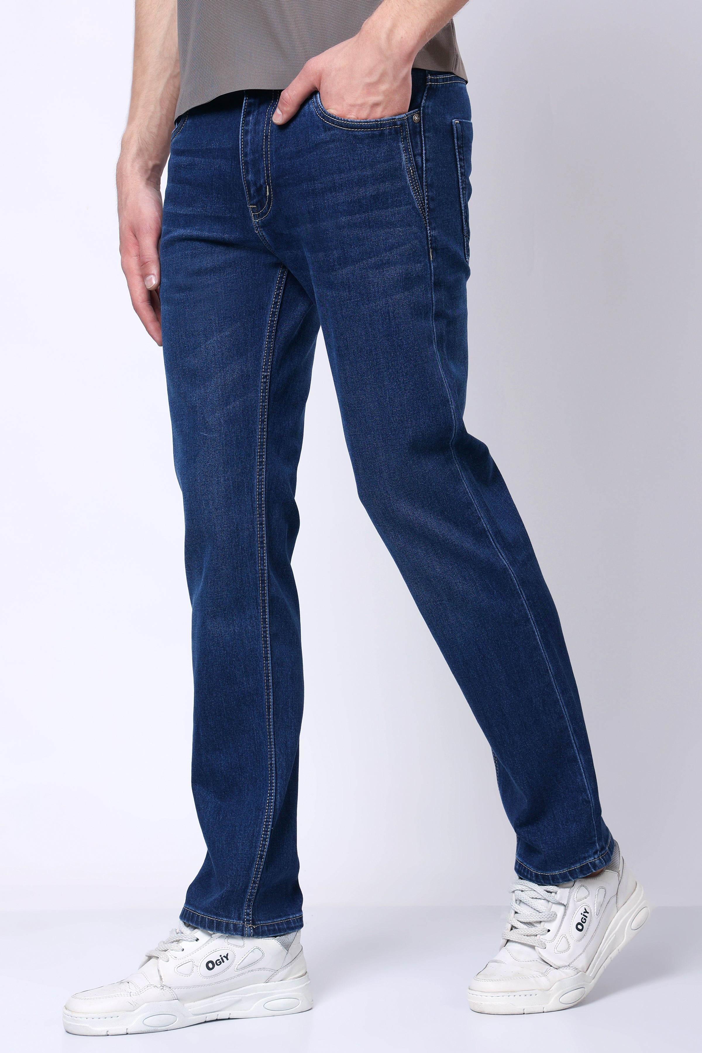Stylox Men’s Mid-Rise Comfort Fit Stretchable Mid Dark Blue Denim Jeans - Stylox
