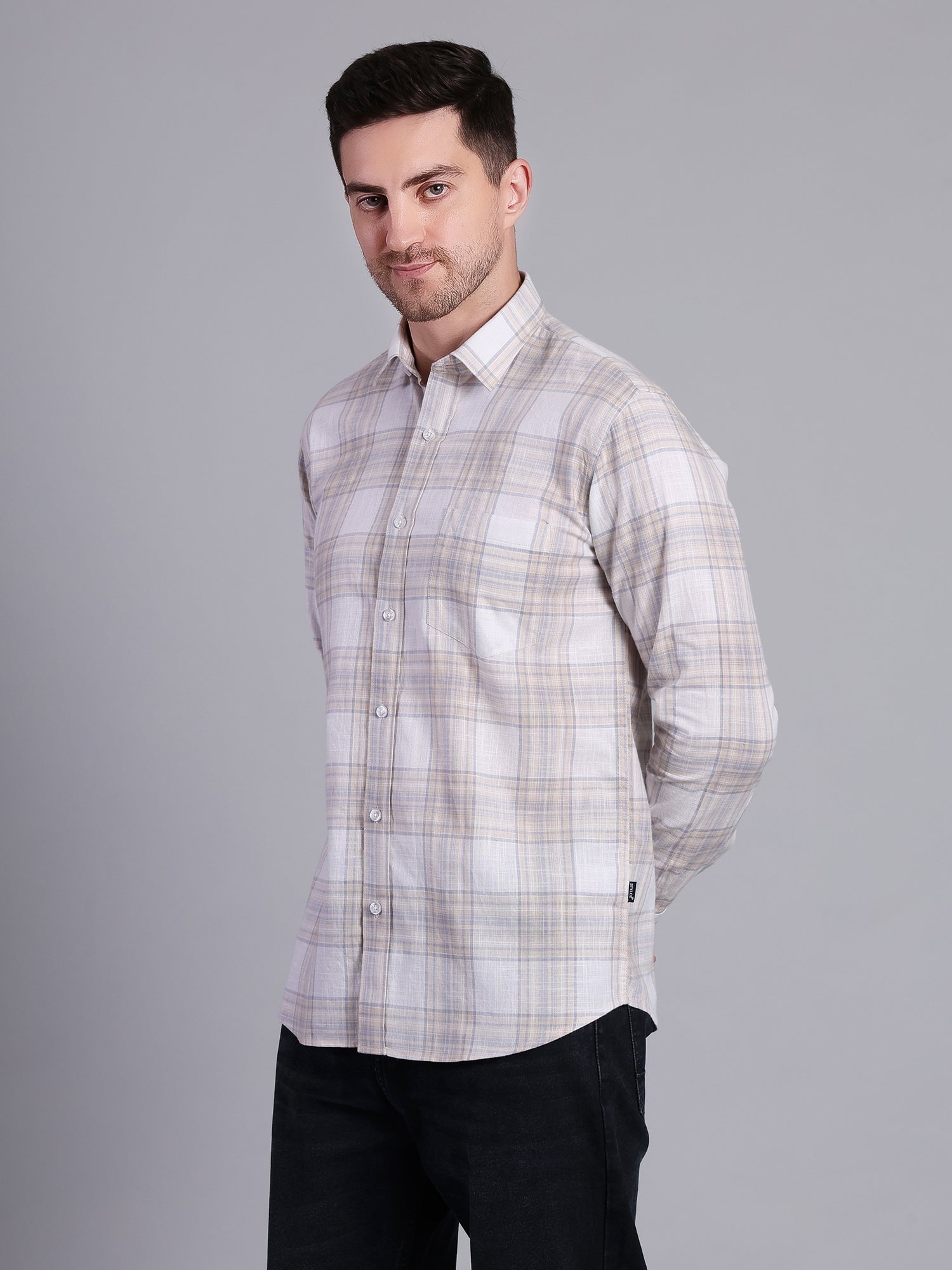 Stylox Men’s Regular Fit Checked Full Sleeve Casual Shirt-Cream - Stylox