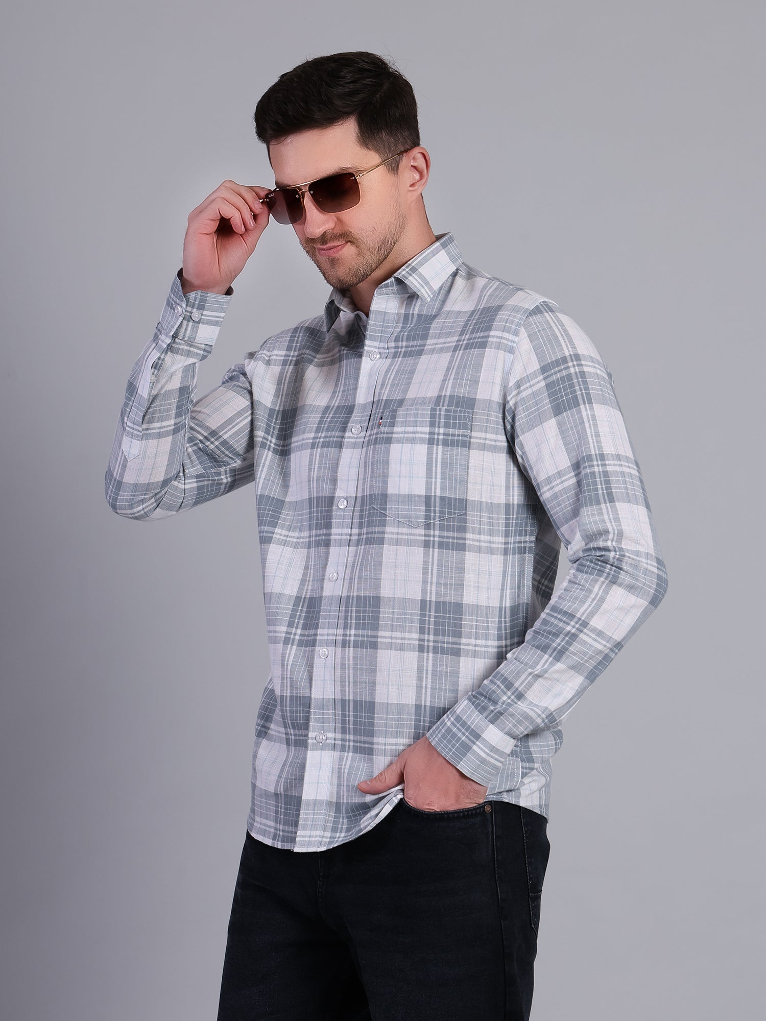 Stylox Men’s Regular Fit Checked Full Sleeve Casual Shirt-Slate Blue - Stylox