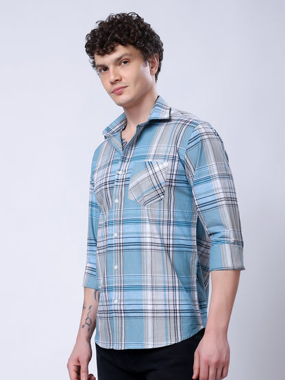 Stylox Men’s Regular Fit Full Sleeve Casual Check Shirt–Grey &amp; Sky Blue - Stylox
