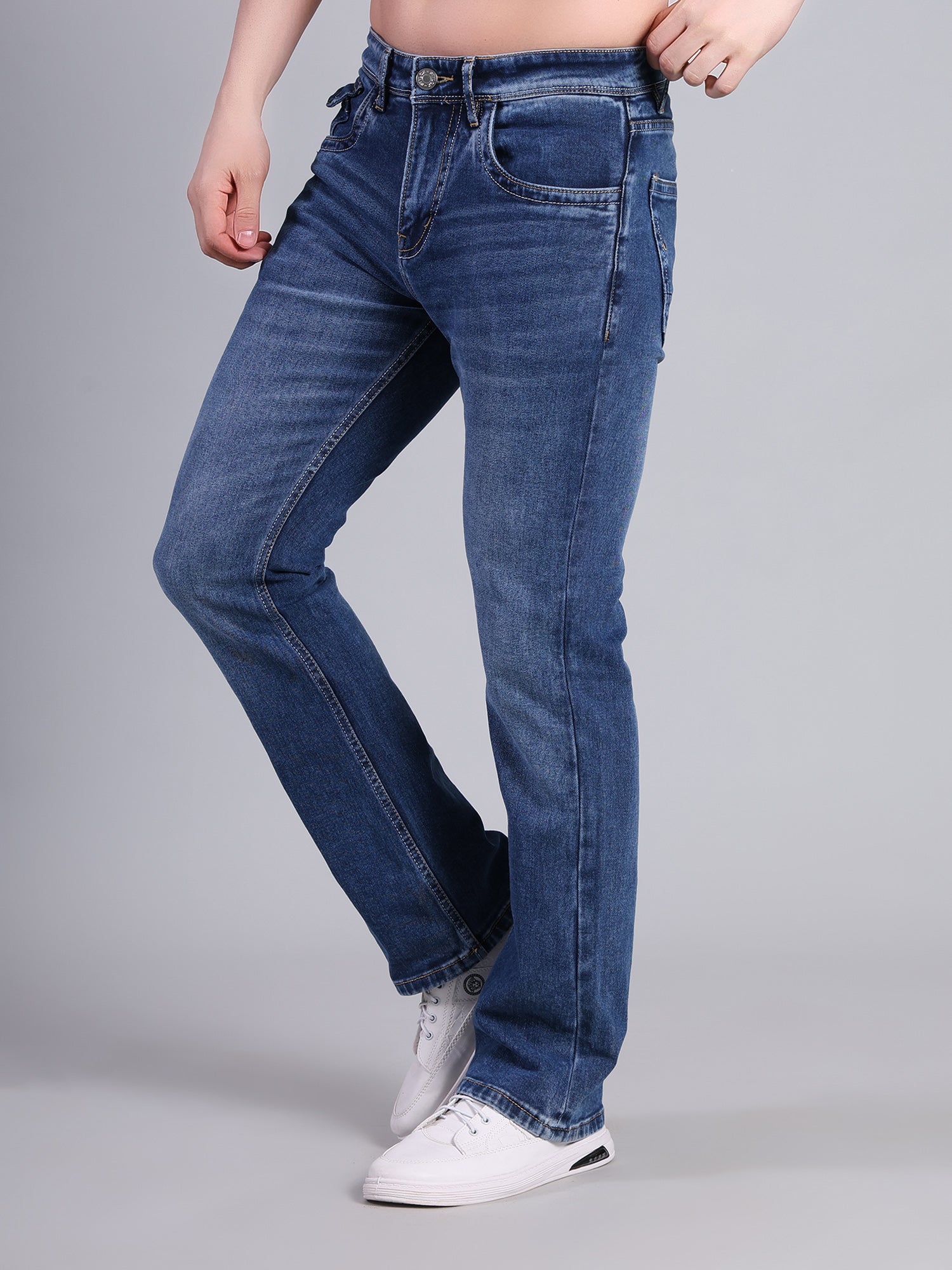 Stylox Men’s Bootcut Fit Non-Stretch Rigid Denim Jeans-Mid Dark Blue - Stylox