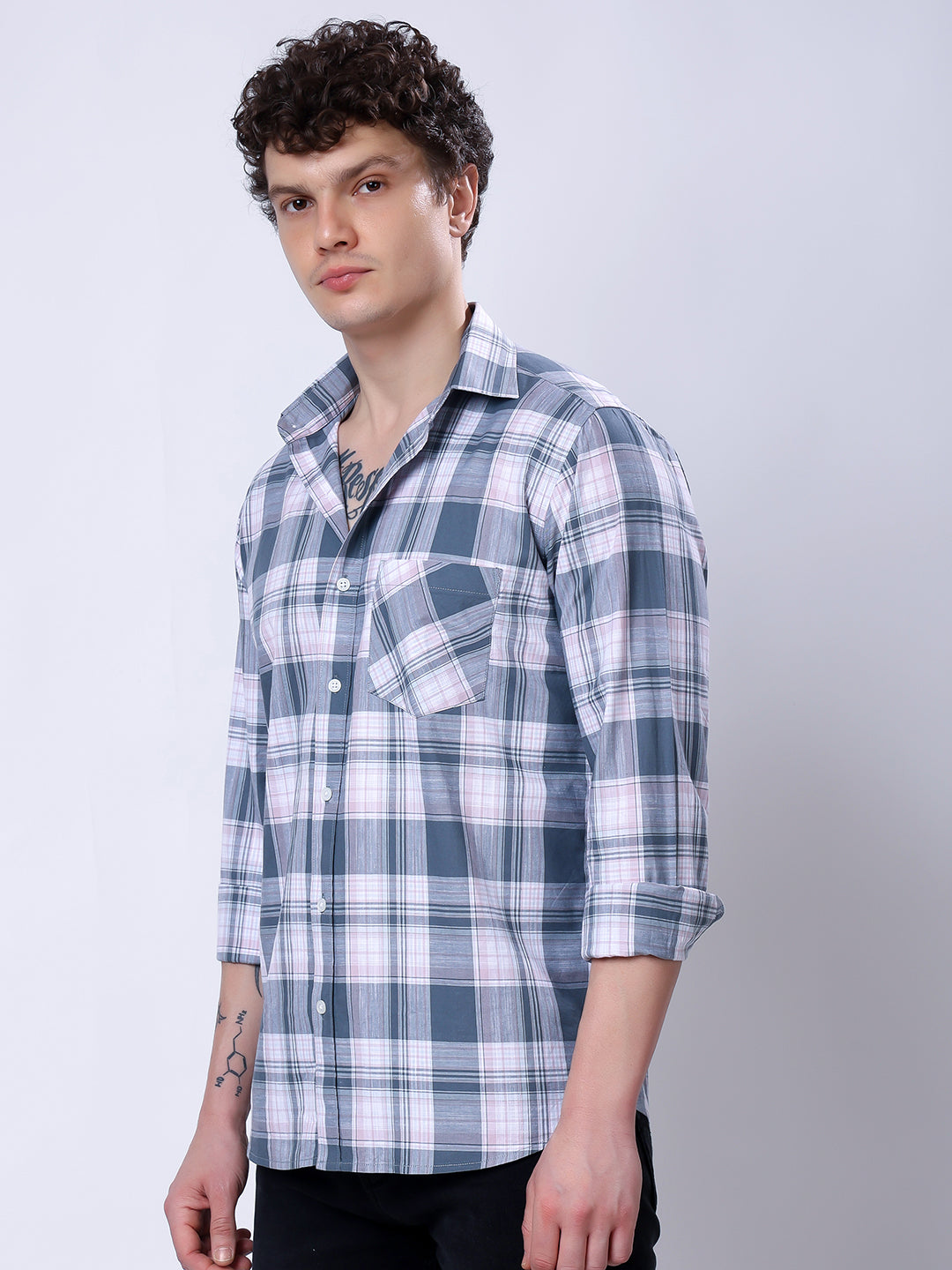 Stylox Men’s Regular Fit Full Sleeve Casual Check Shirt–Grey & Coral - Stylox