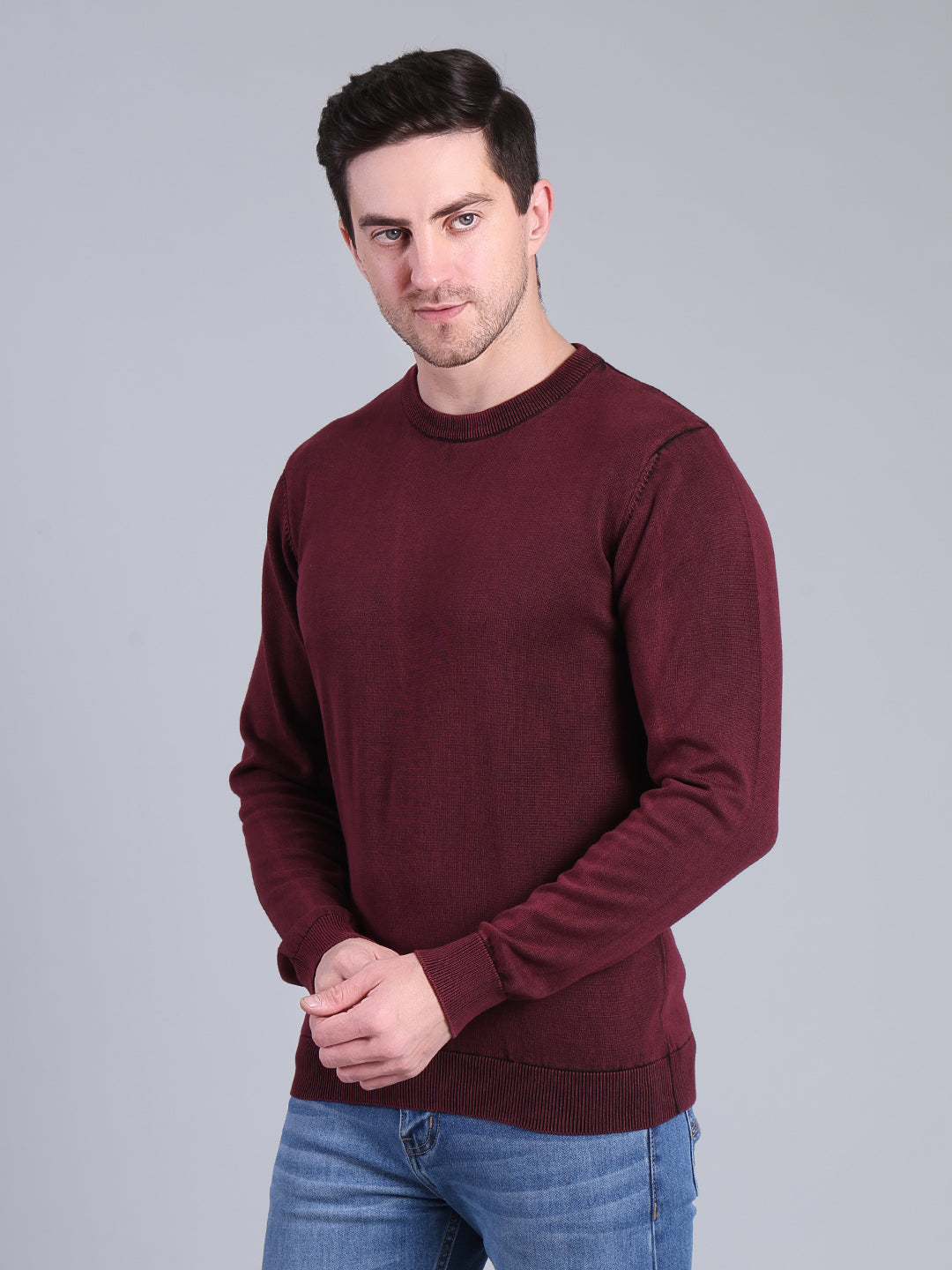 Stylox Men’s Full Sleeve Round Neck Sweater | Solid Slim Fit Knitted Winter Pullover (Wine) - Stylox