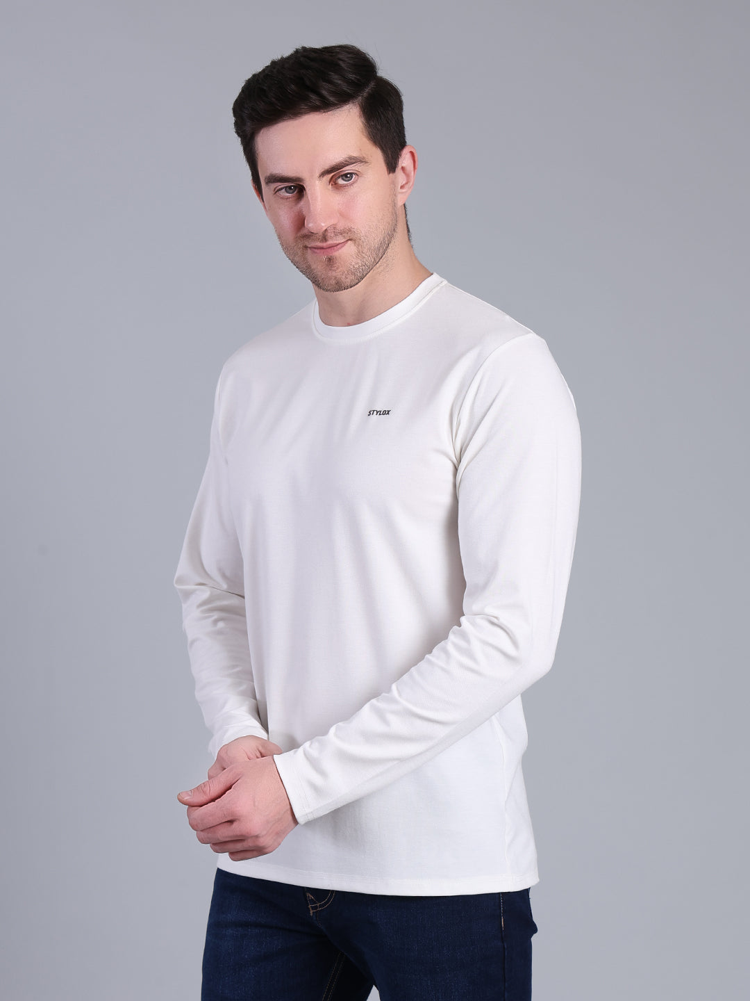 Stylox Men’s Full Sleeve Round Neck T-Shirt | Solid Slim Fit Cotton Blend Casual Tee