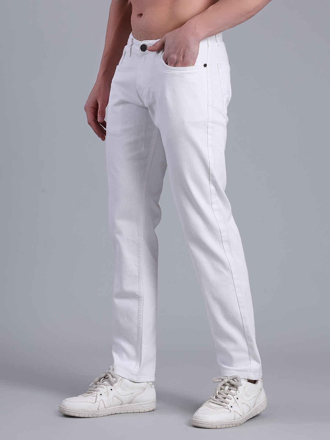Stylox Men’s Slim Fit Mid Rise Solid Denim Jeans (White) - Stylox