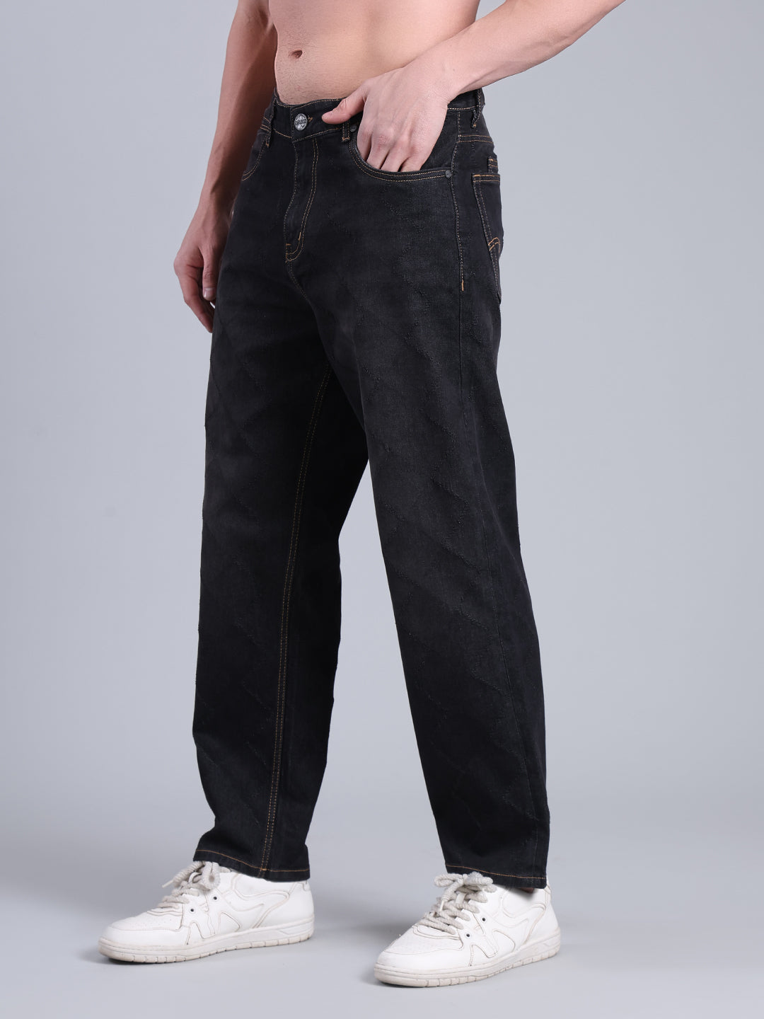 Stylox Men’s Loose Fit Mid-Rise Black Washed Denim Jeans - Stylox