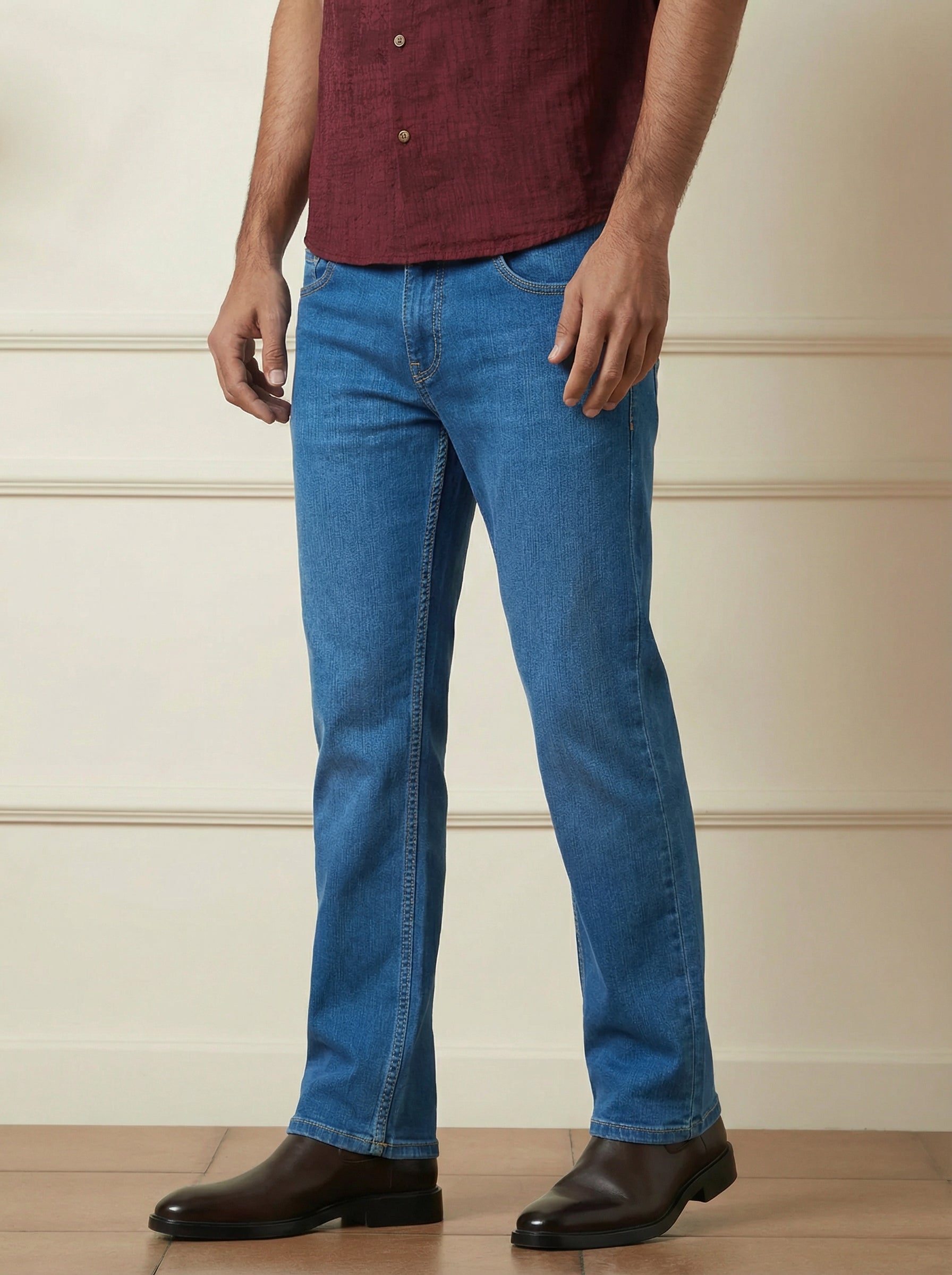 Stylox Men’s Mid Blue Straight Fit Jeans Mid-Rise Denim - Stylox