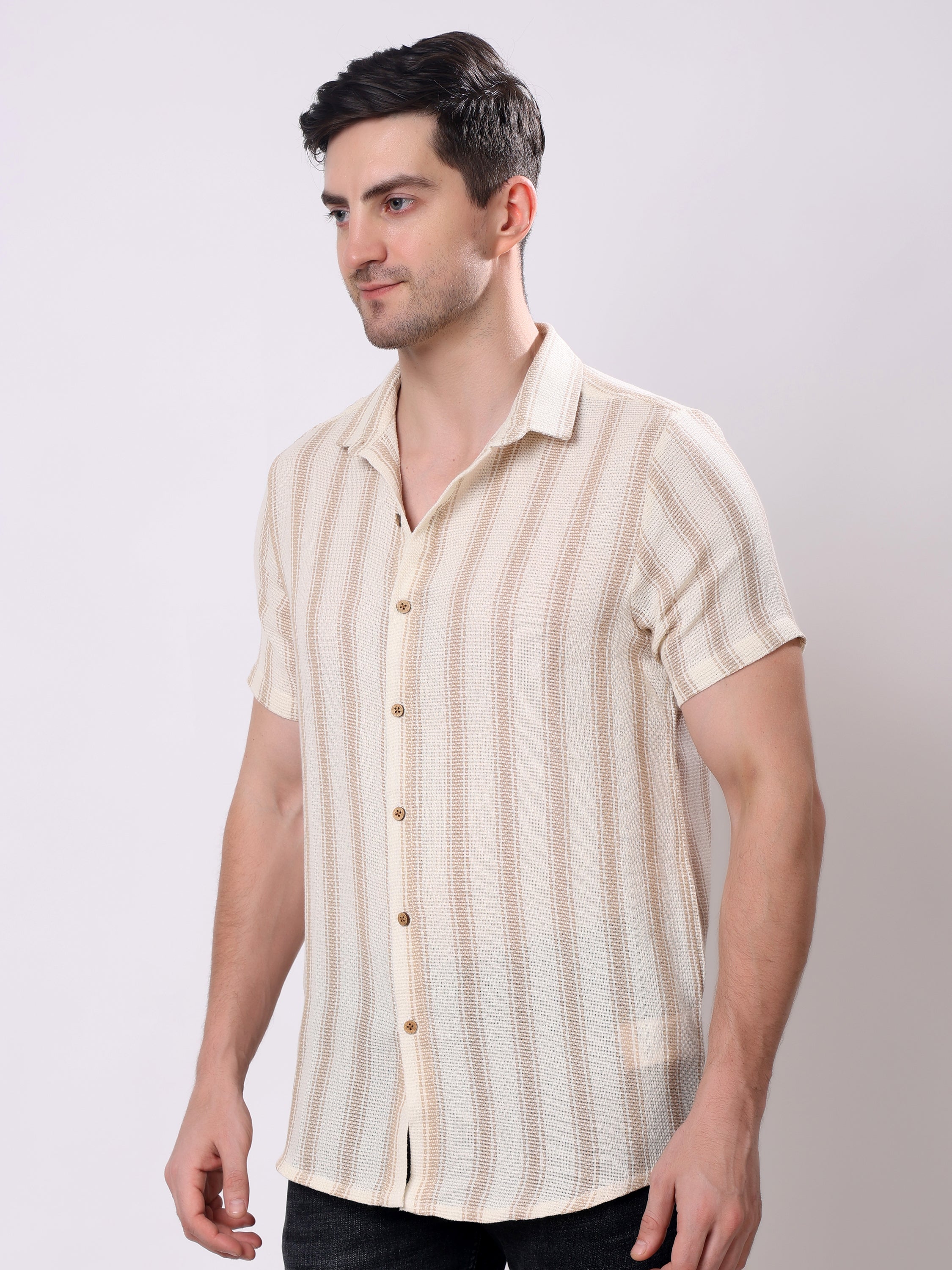 Stylox Men’s Regular Fit Half Sleeve Striped Casual Shirt-Brown - Stylox