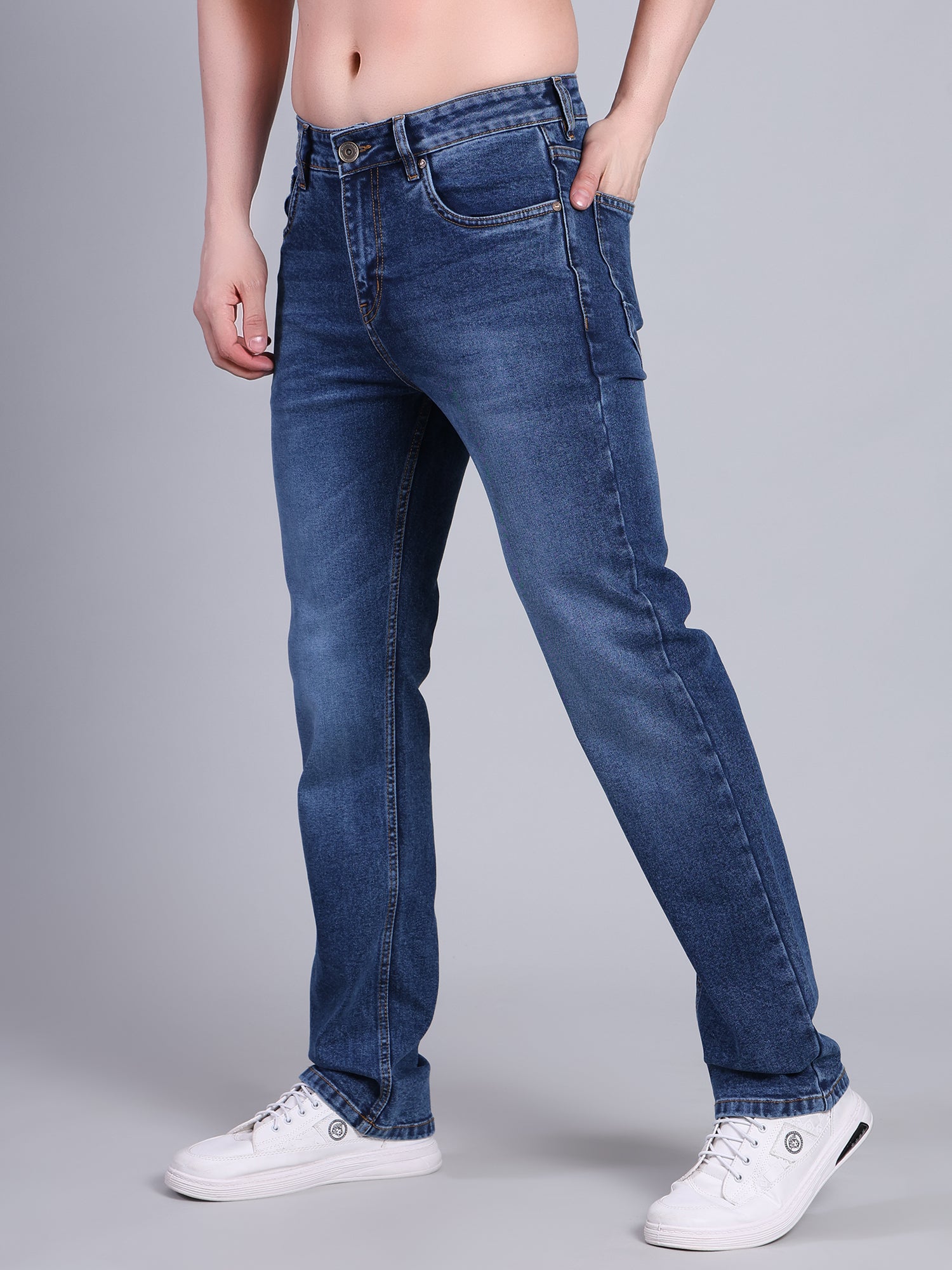Stylox Men’s Mid-Rise Straight Fit Classic Washed Denim Jeans-Mid Blue - Stylox