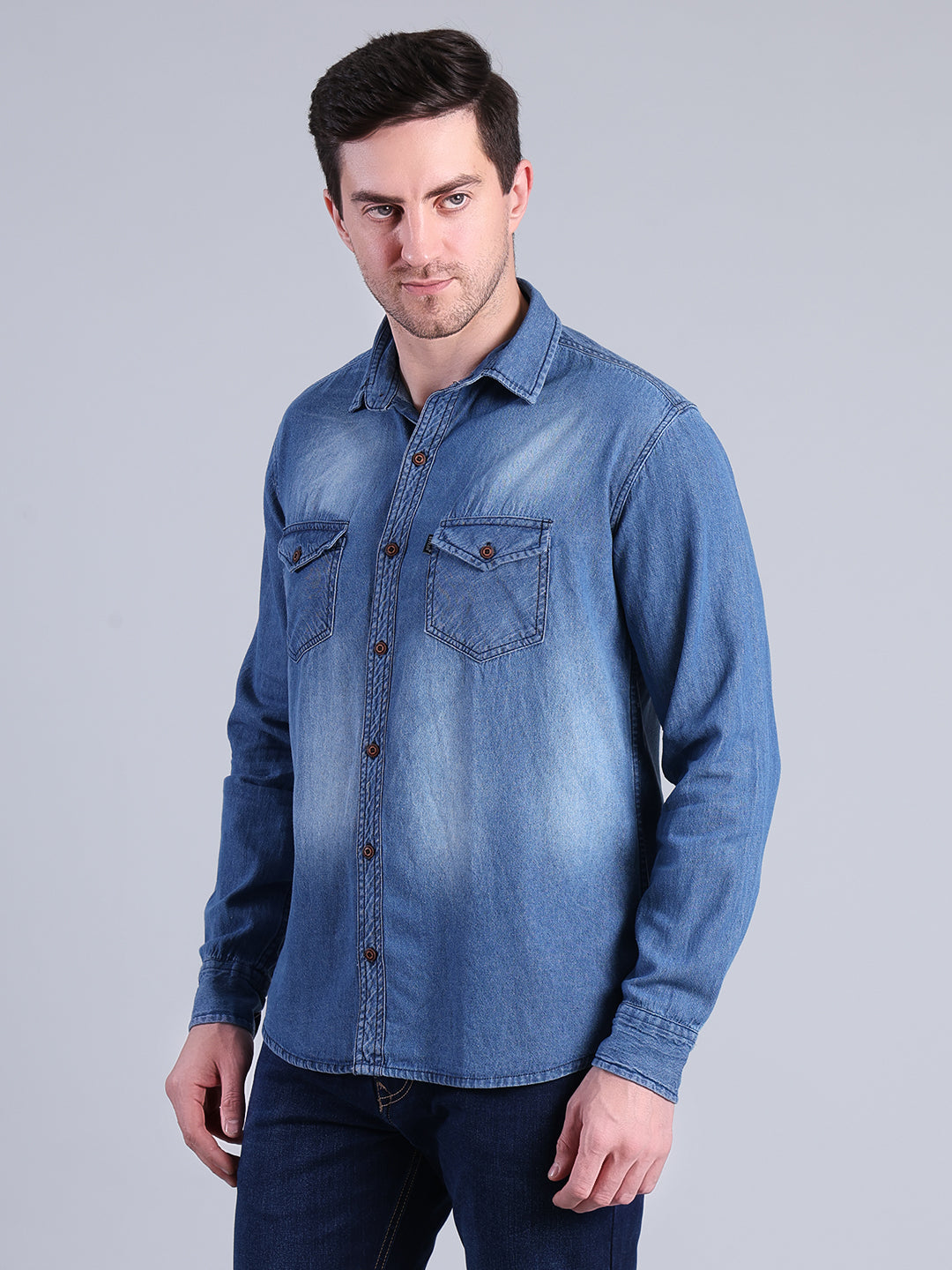 Stylox Men’s Light Wash Denim Shirt with Dual Chest Pockets - Stylox