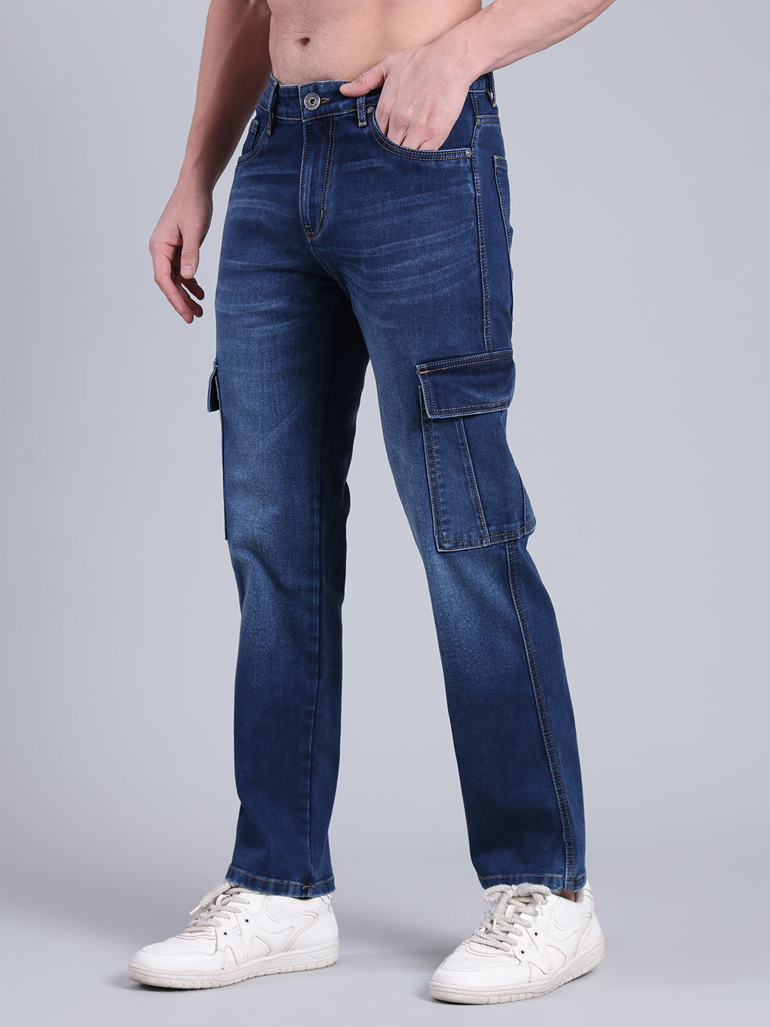 Stylox Men’s Cargo Jeans with Utility Pockets | Regular Fit Stretch Denim