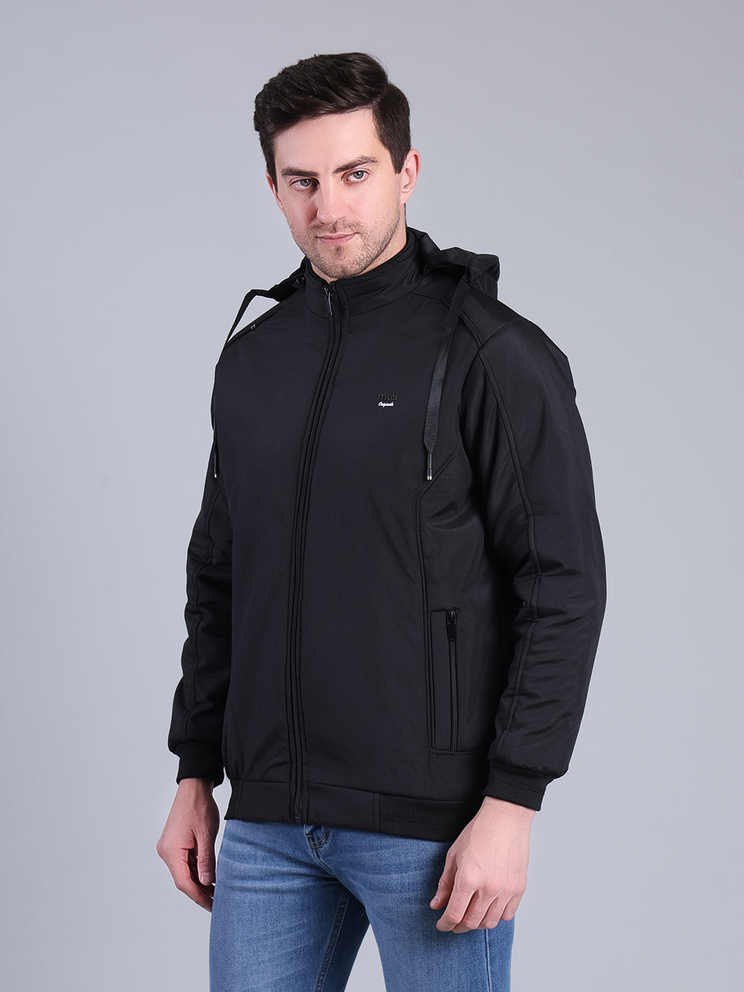 Stylox Men’s Solid Hooded Winter Jacket | Full Sleeve Zip-Up Casual Jacket with Pockets