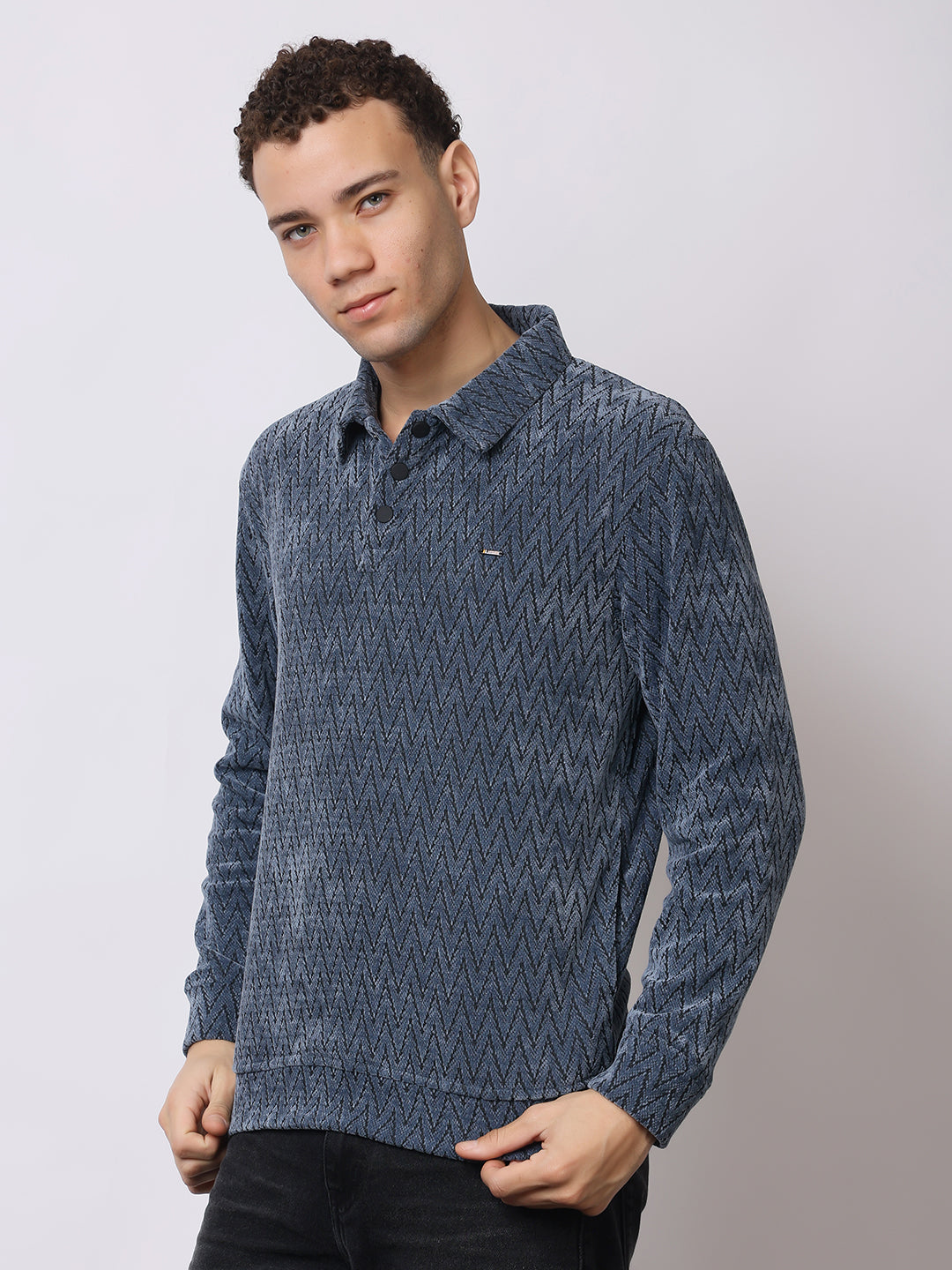 Stylox Men’s Textured Winter Sweatshirt – Chevron Pattern Pullover with Collar & Button Placket