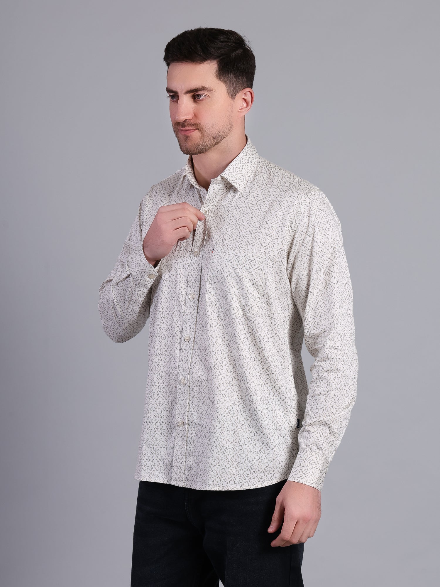 Stylox Men’s Regular Fit Full Sleeve Leaf Print Casual Cotton Shirt-Off White - Stylox