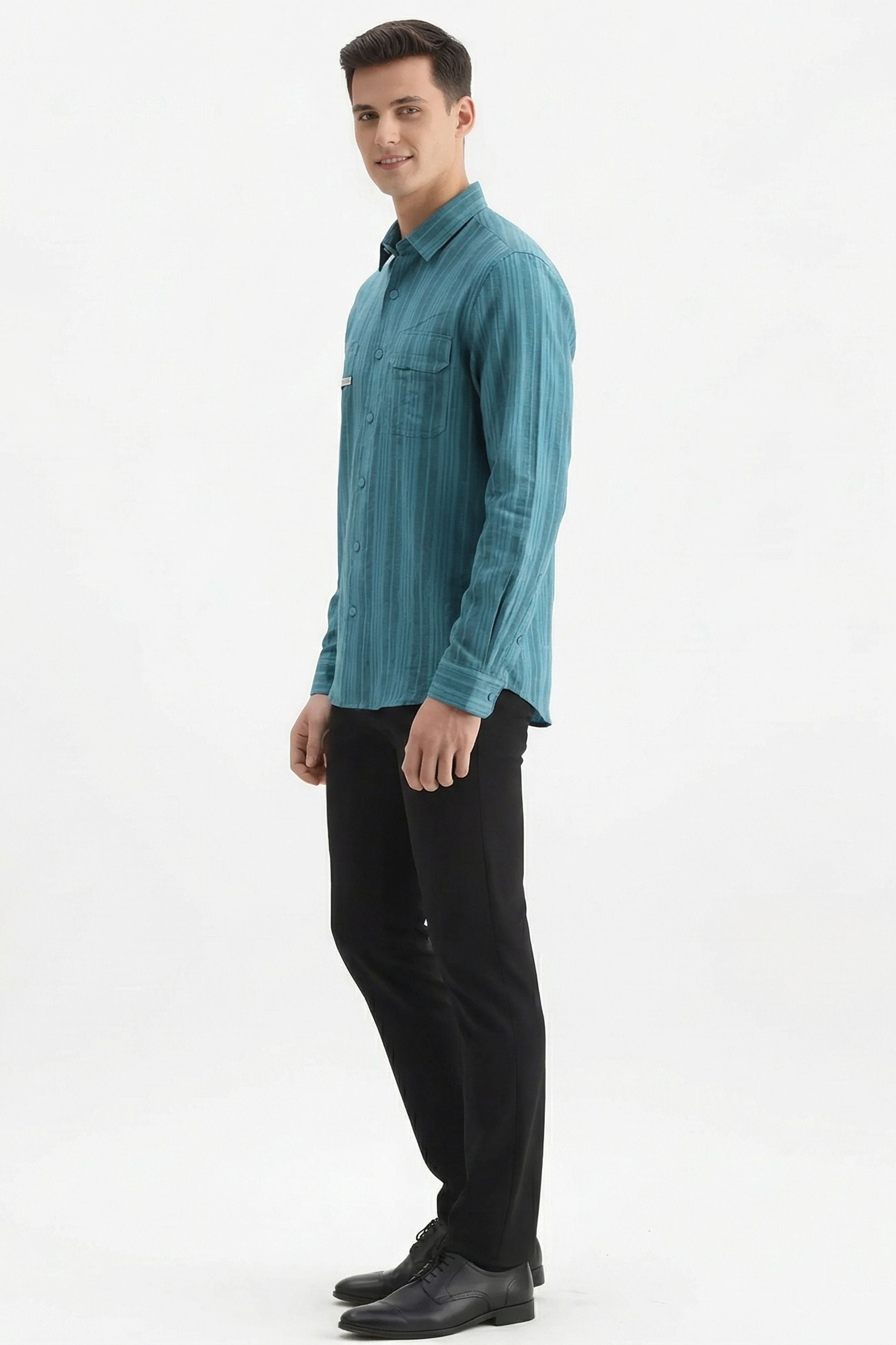 Stylox Men’s Regular-Fit Shacket Shirt – Self-Striped Full Sleeve Button-Down Overshirt with Chest Pockets(Teal Green) - Stylox