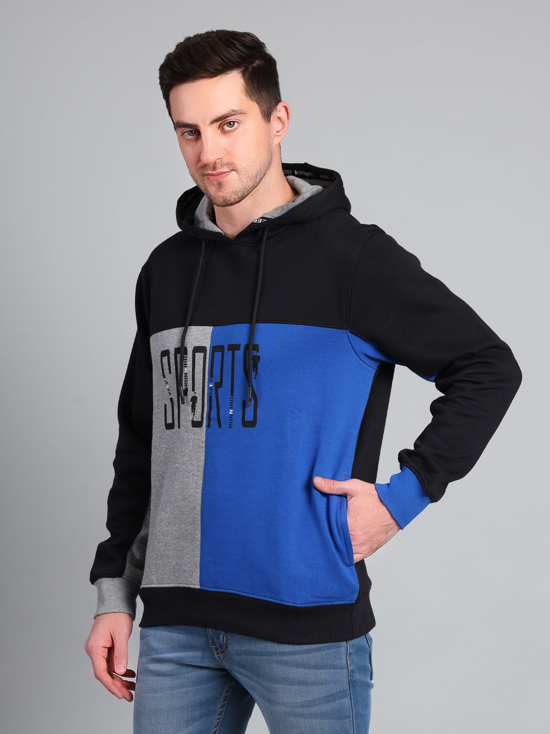 Stylox Men’s Winter Colorblock Printed Hoodie | Pullover Hooded Sweatshirt with Side Pocket (Black) - Stylox