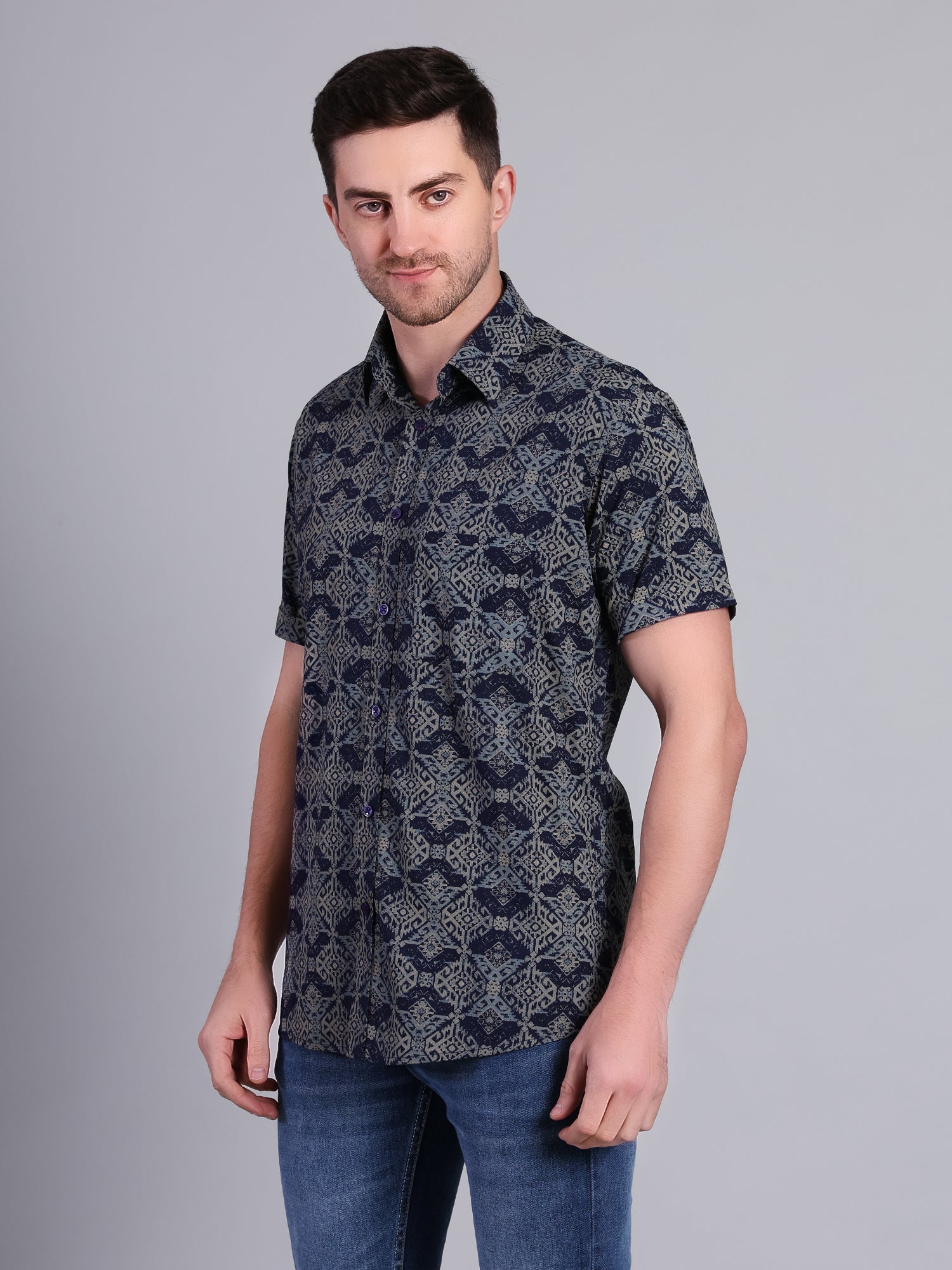 Stylox Men’s Regular Fit Geometric Printed Half Sleeve Casual Shirt-Blue - Stylox
