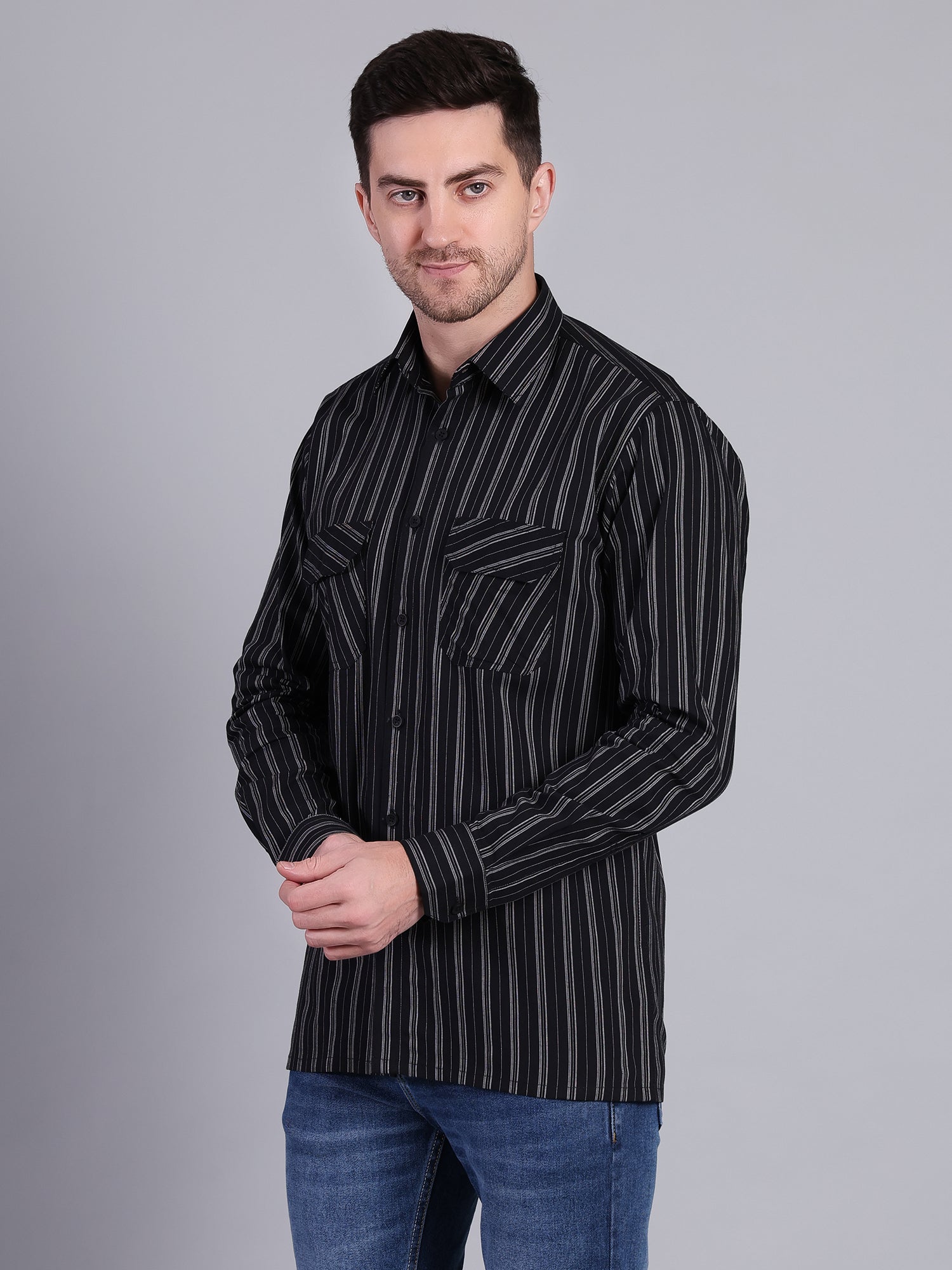 Stylox Men’s Regular Fit Black Vertical Striped Full Sleeve Casual Shirt - Stylox