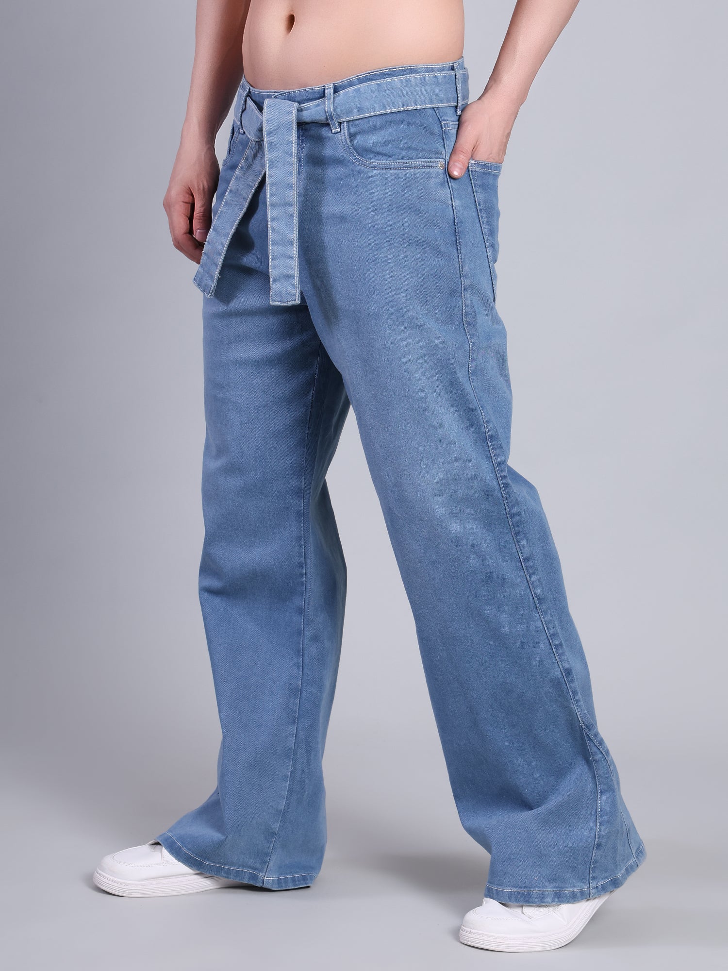 Stylox Men’s Baggy Fit Non-Stretch Rigid Denim Wide Leg Jeans with Tie Belt-Light Blue - Stylox