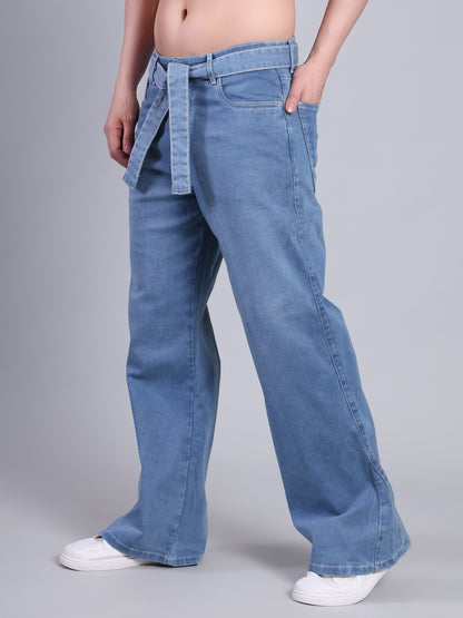 Stylox Men’s Baggy Fit Non-Stretch Rigid Denim Wide Leg Jeans with Tie Belt-Light Blue - Stylox