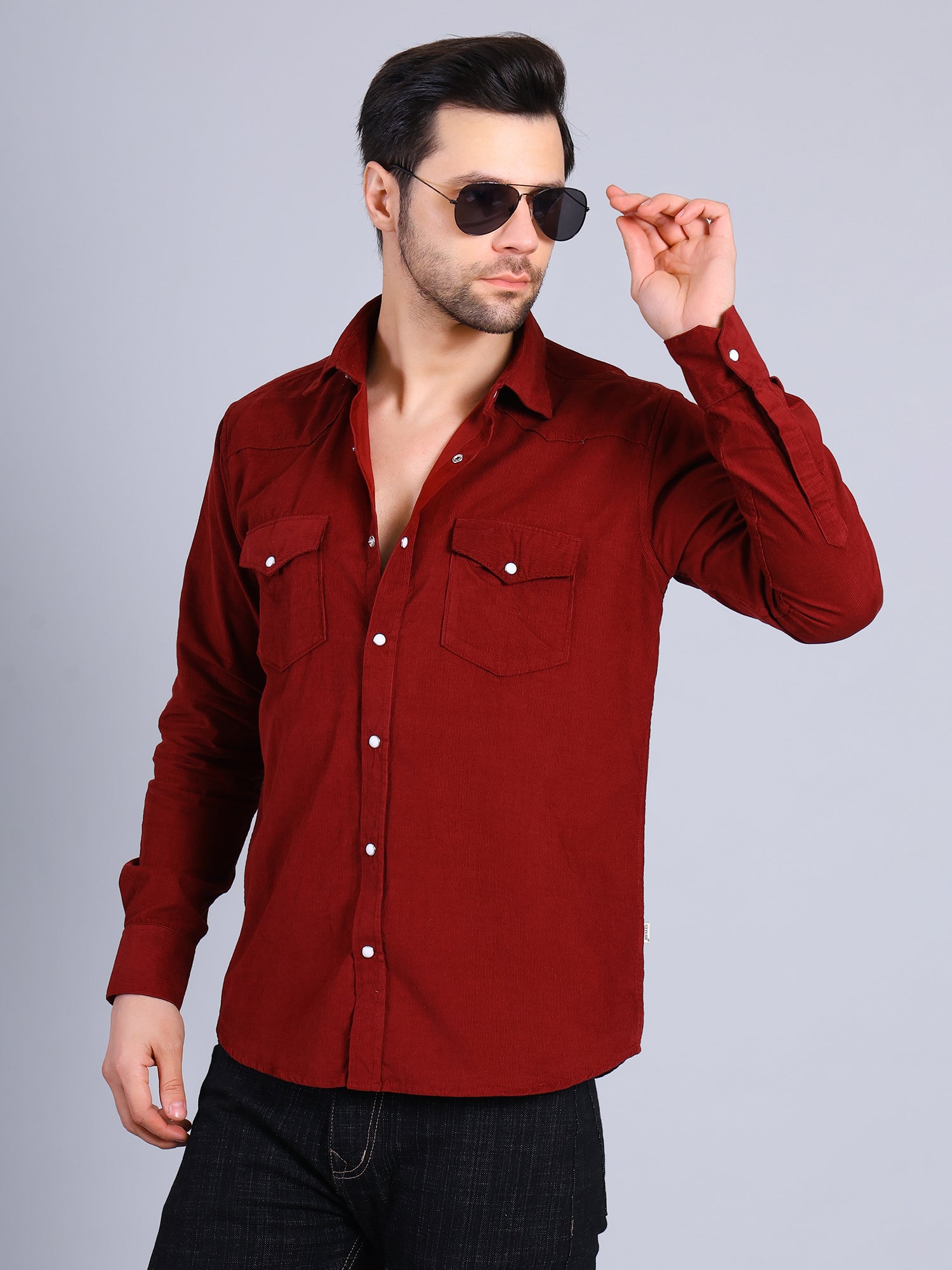 Stylox Men’s Regular Fit Full Sleeve Solid Casual Corduroy Shirt with Double Chest Pocket (Maroon) - Stylox