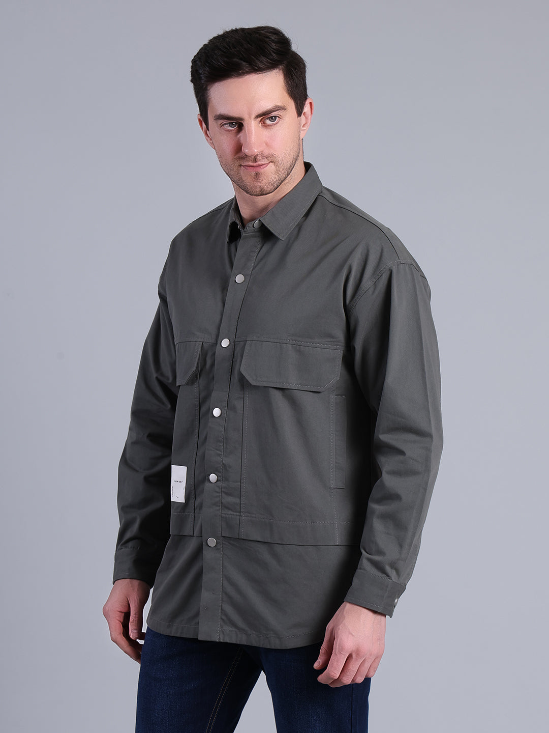 Stylox Men’s Solid Winter Shacket with Snap Buttons & Utility Pockets (Green)