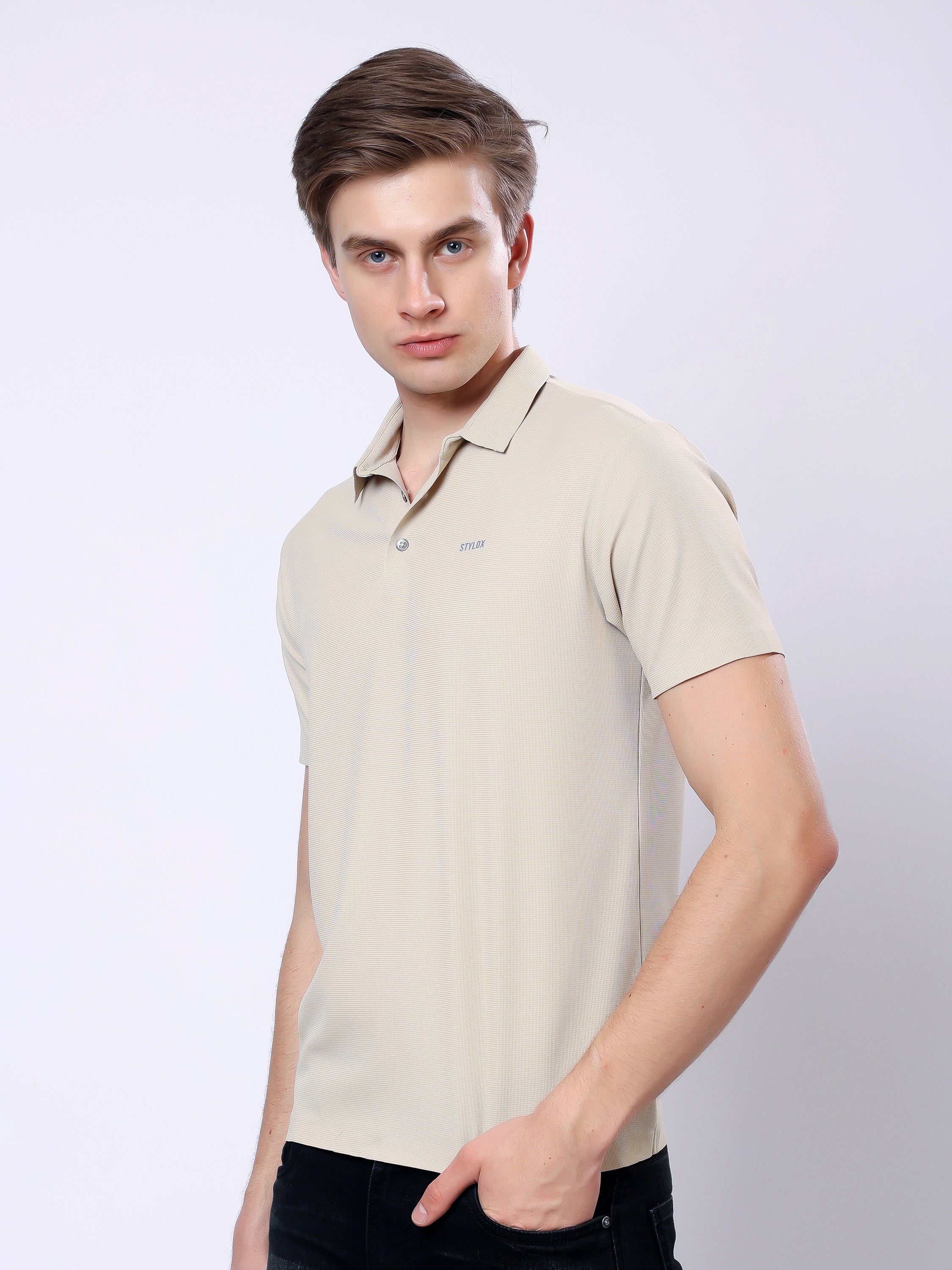 Stylox Men’s Premium Regular Fit Stretchable Polo T-Shirt-Mid Beige - Stylox