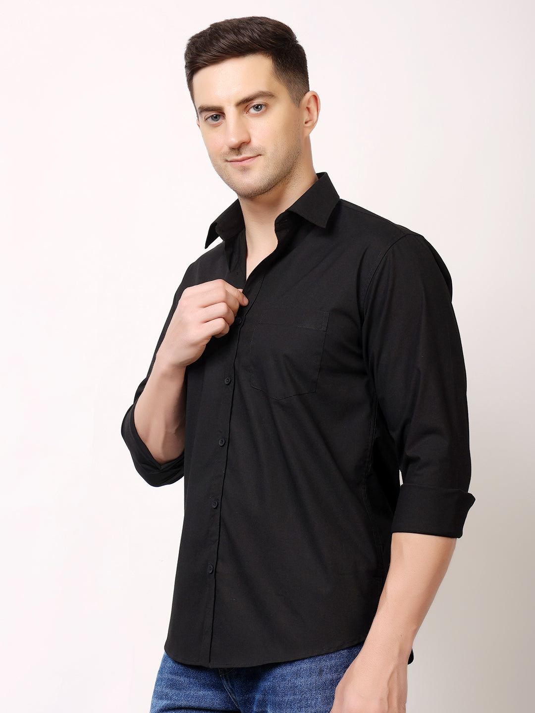 Stylox Men's Full Sleeve Solid Black Casual Shirt – Premium Cotton Blend Regular Fit Shirt for Everyday Comfort & Style