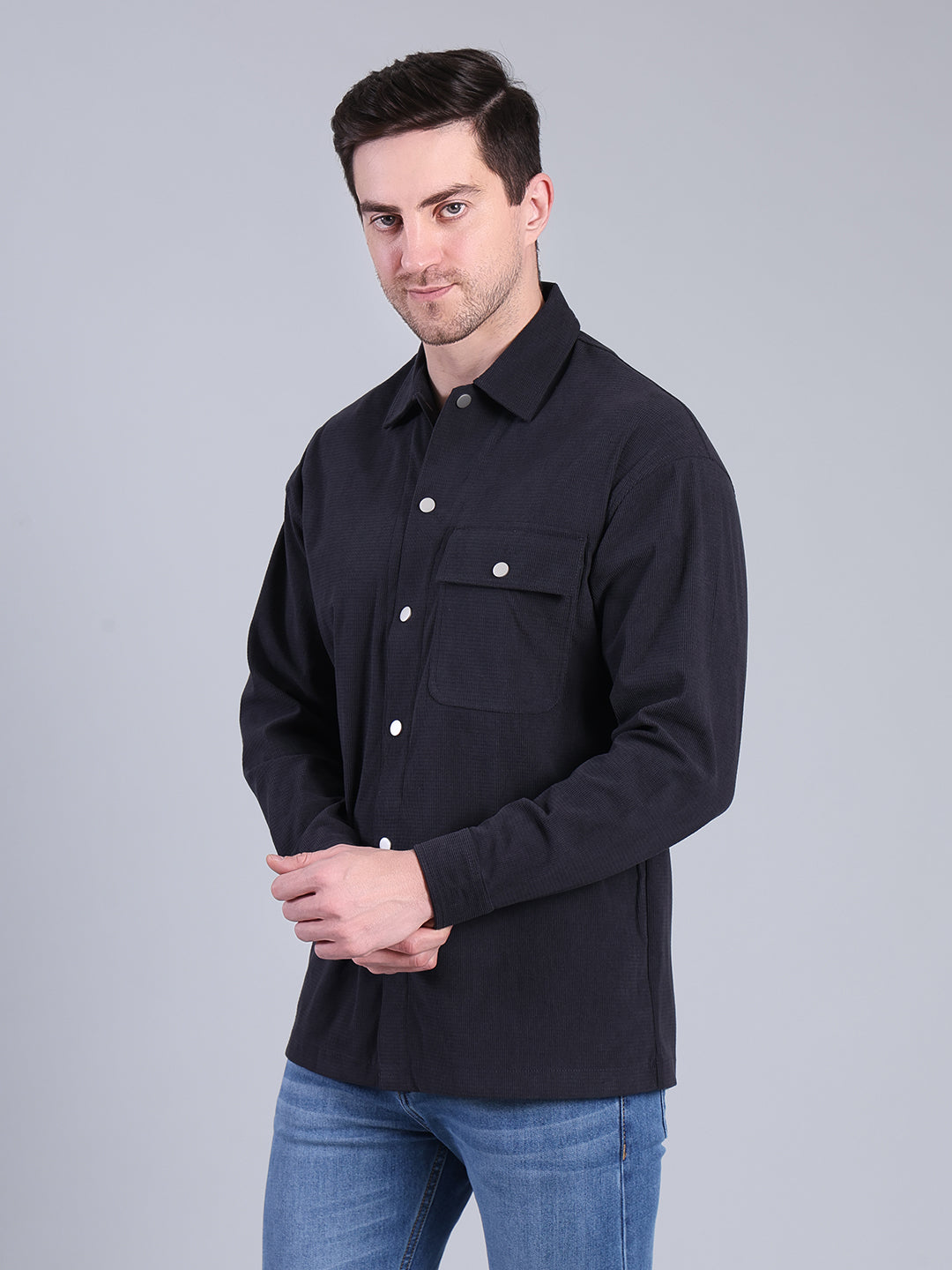 Stylox Men’s Textured Winter Shacket with Snap Button Closure (Navy)