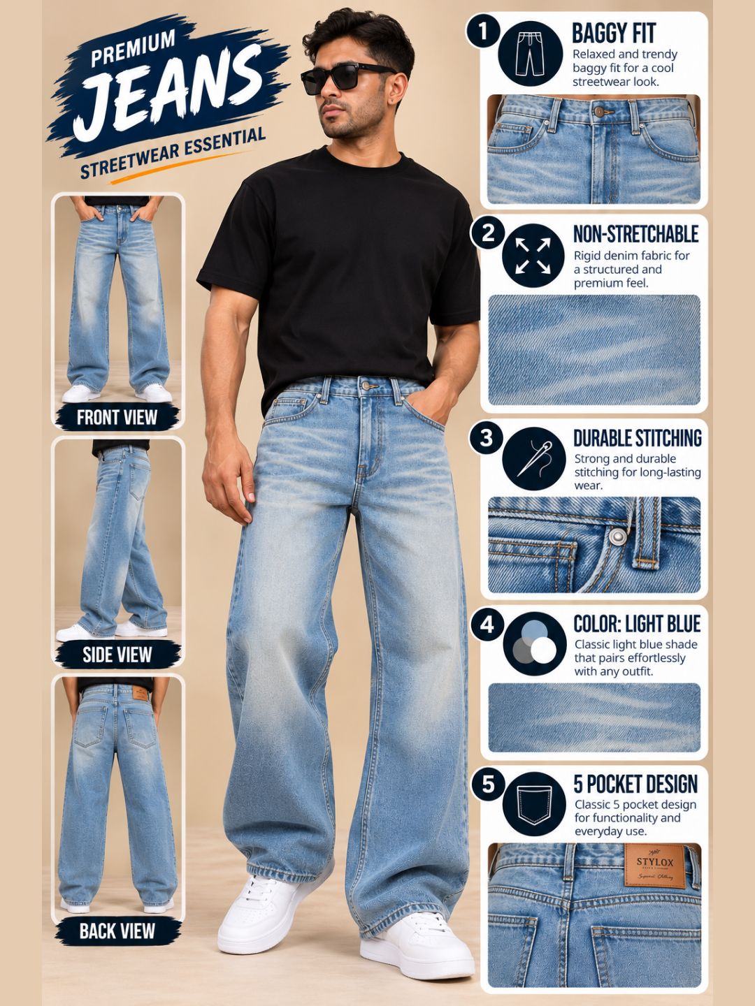 Stylox Men's Baggy Fit & Casual Look Jeans