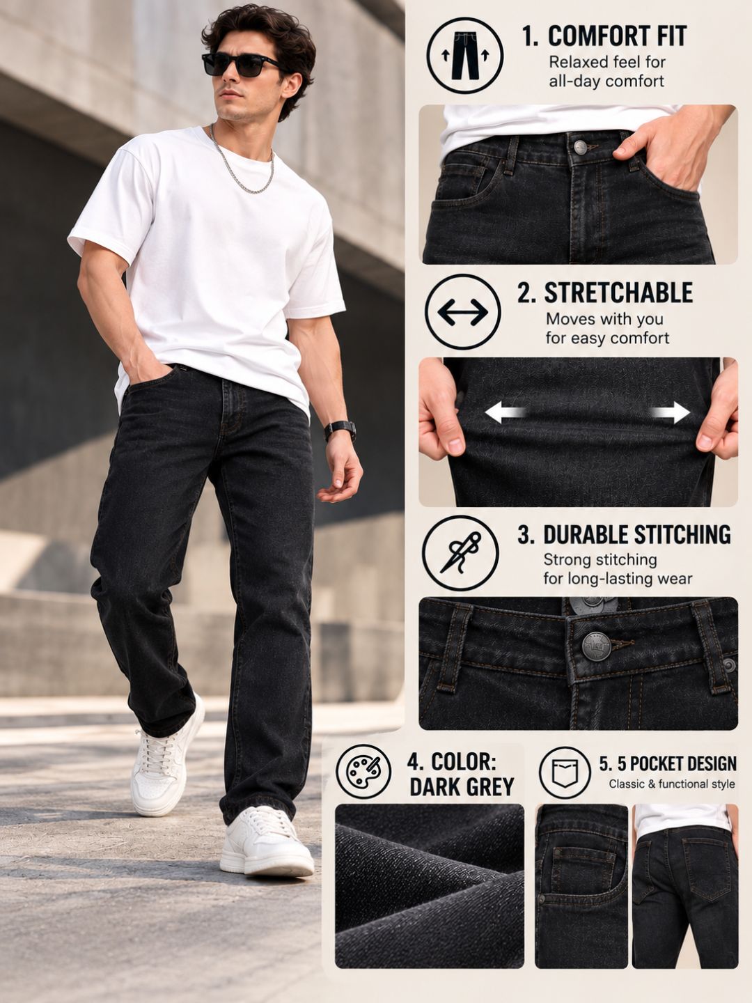 Stylox Men's Comfort Fit Stretchable Denim Jeans-Dark Grey