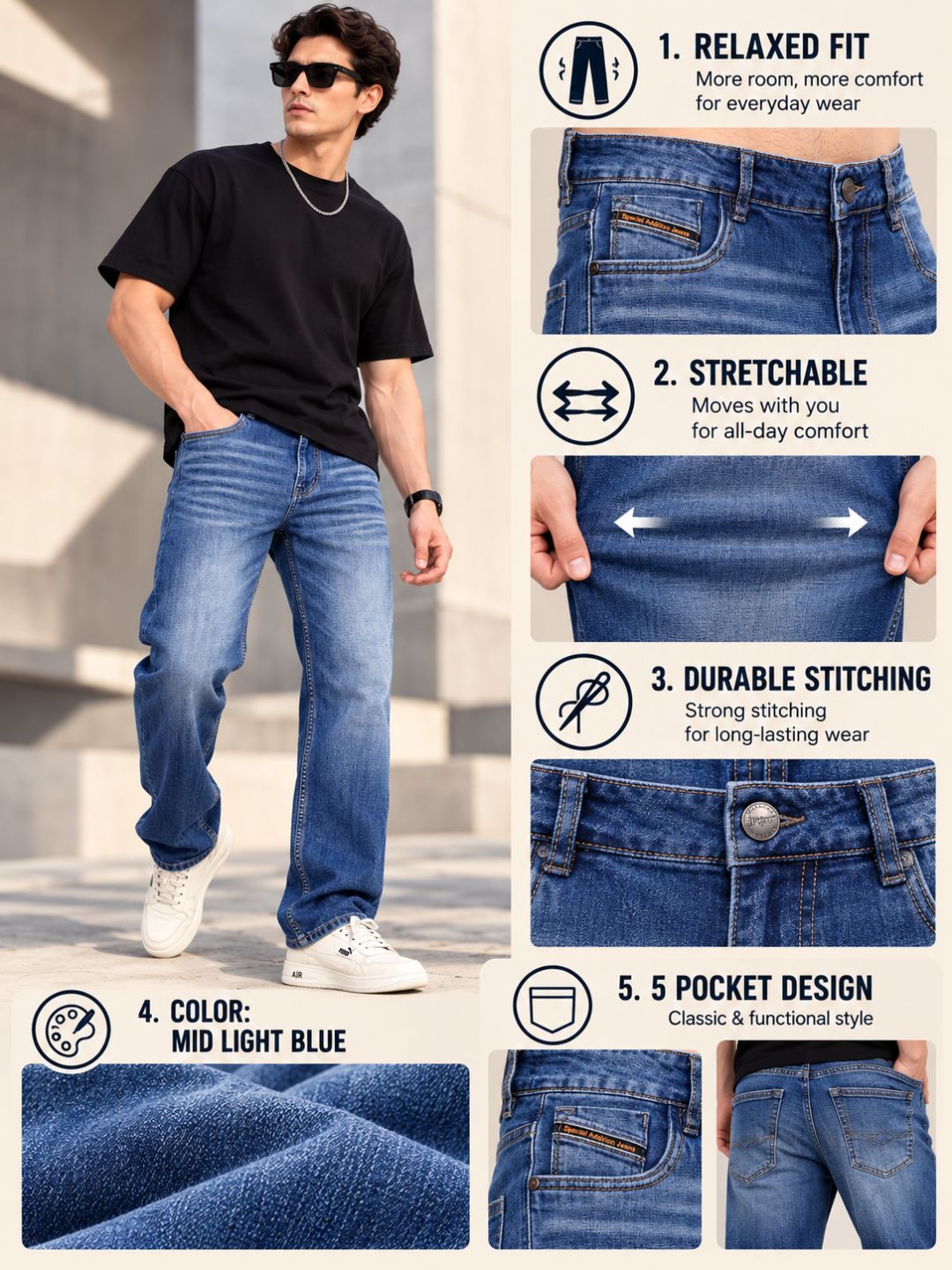 Stylox Men's Relaxed Fit Mid-Rise Stretchable Denim Jeans