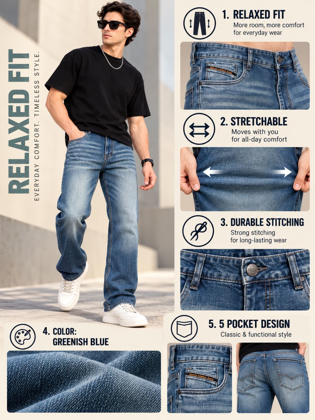 Stylox Men's Relaxed Fit Mid-Rise Stretchable Denim Jeans