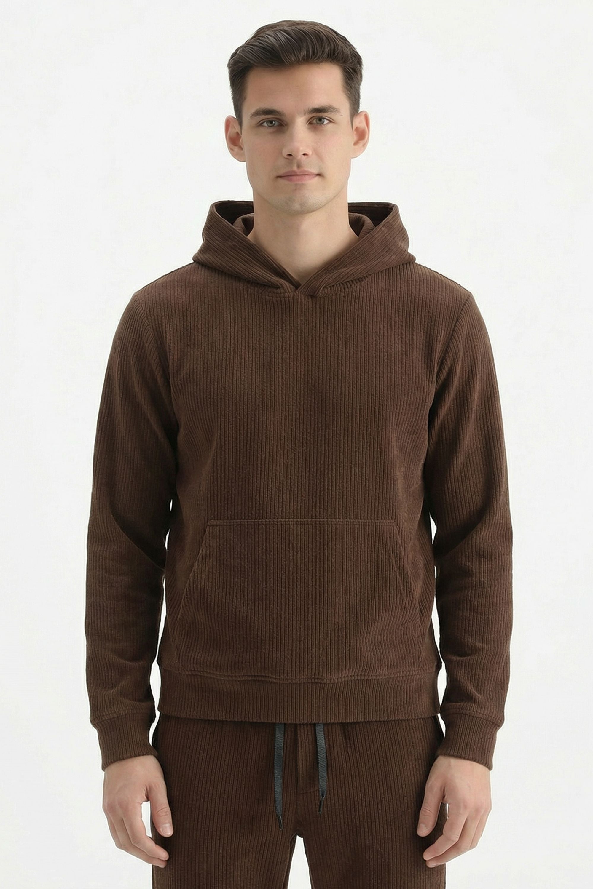 Stylox Men’s Regular Fit Ribbed Tracksuit Set (Hooded Sweatshirt + Jogger Pants) (Light Brown) - Stylox
