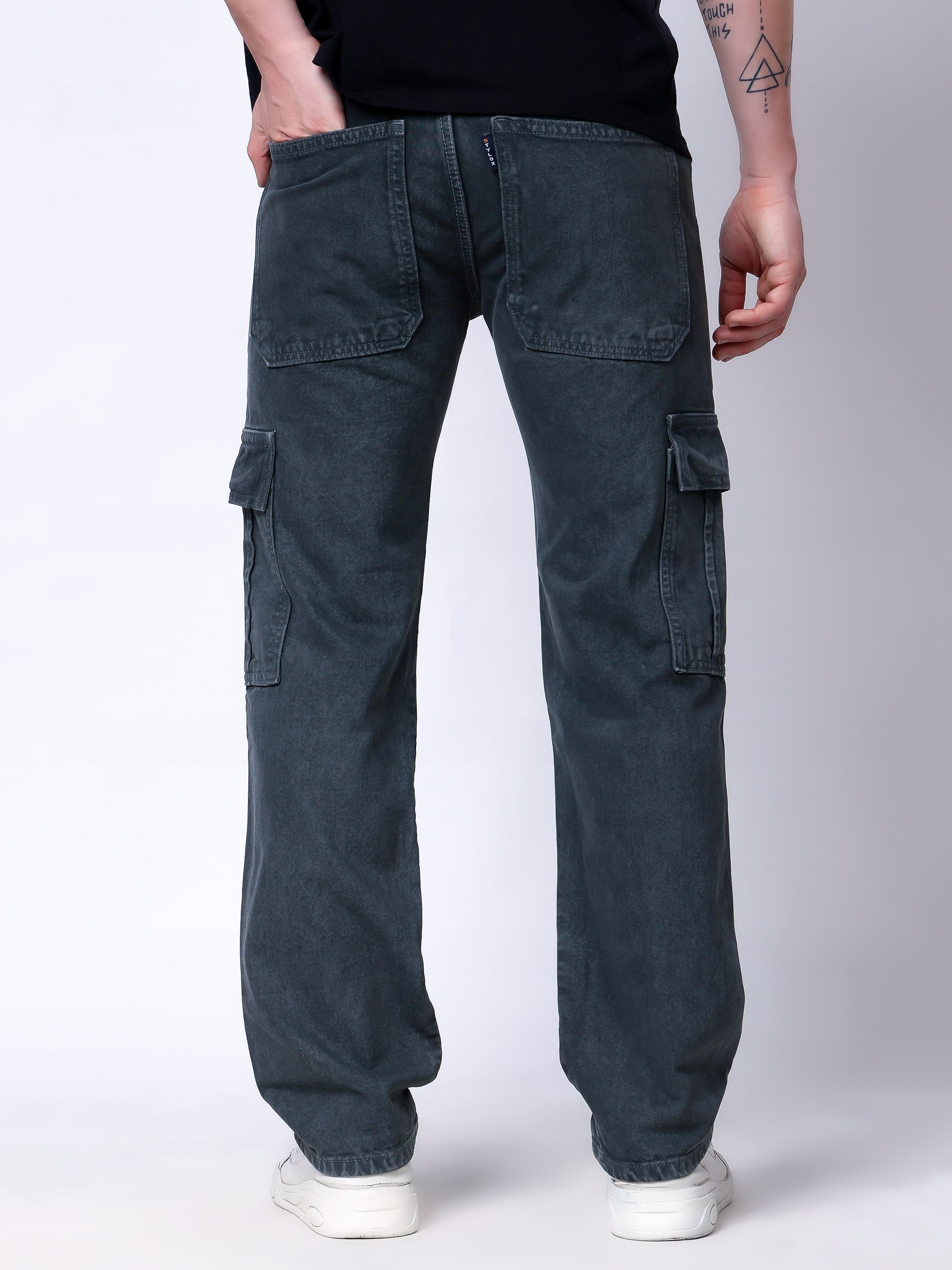 Stylox Men’s Comfort Fit Non-Stretch Cargo Jeans with Multi Pockets-Mid Green